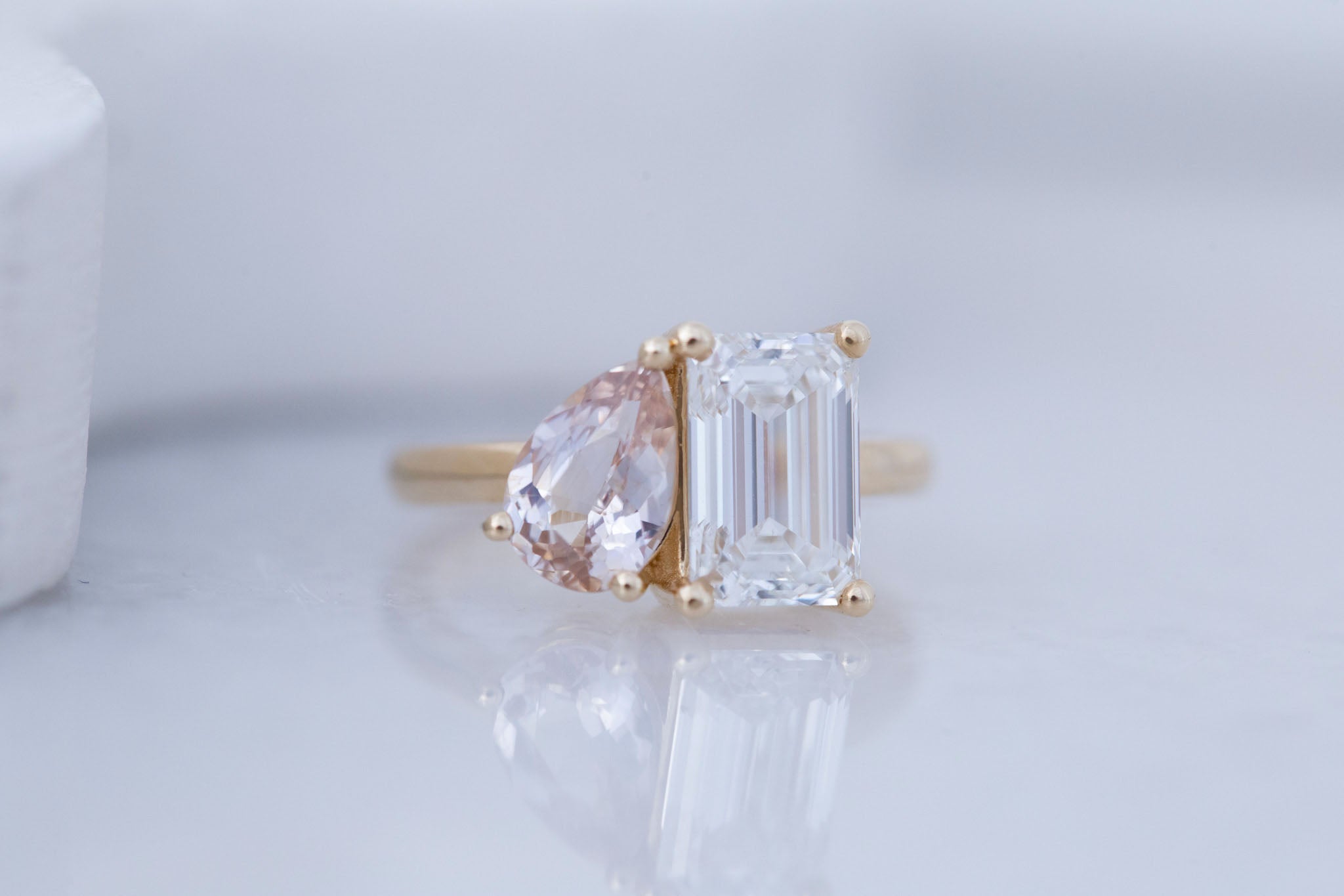 Liana Ring | Lab Emerald Cut Diamond + Pear Cut Peach Sapphire Engagement Ring 2.7 + 1.41 ct | 14k Recycled Gold | One of a Kind