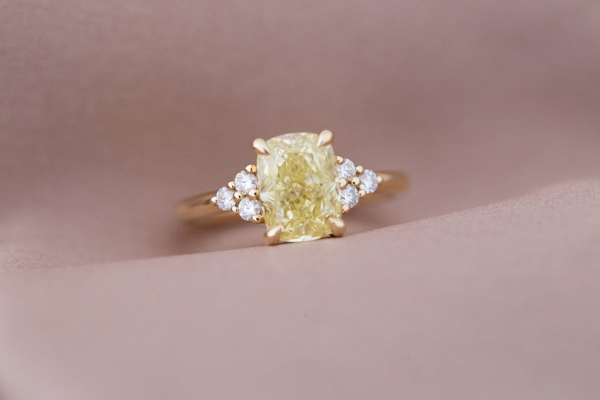 Verona Ring | Lab Yellow Cushion Cut Diamond + Round Diamond Accents Engagement Ring 2.75 ct | 14k Recycled Gold | One of a Kind