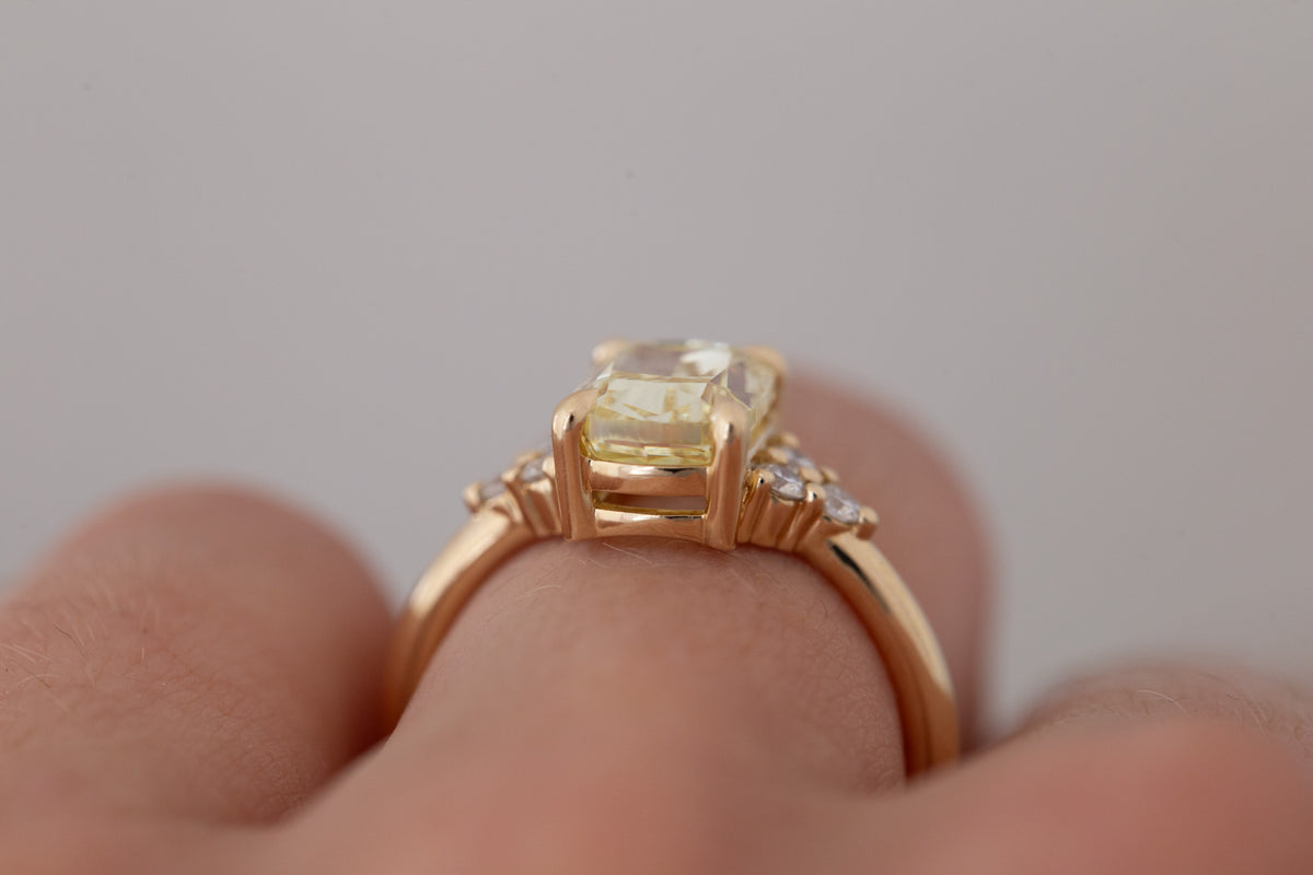 Verona Ring | Lab Yellow Cushion Cut Diamond + Round Diamond Accents Engagement Ring 2.75 ct | 14k Recycled Gold | One of a Kind