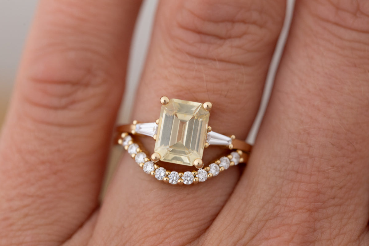 Marlowe Ring | Yellow Emerald Cut Sapphire + Tapered Baguette Engagement Ring 2.79 ct | 14k Recycled Gold | One of a Kind