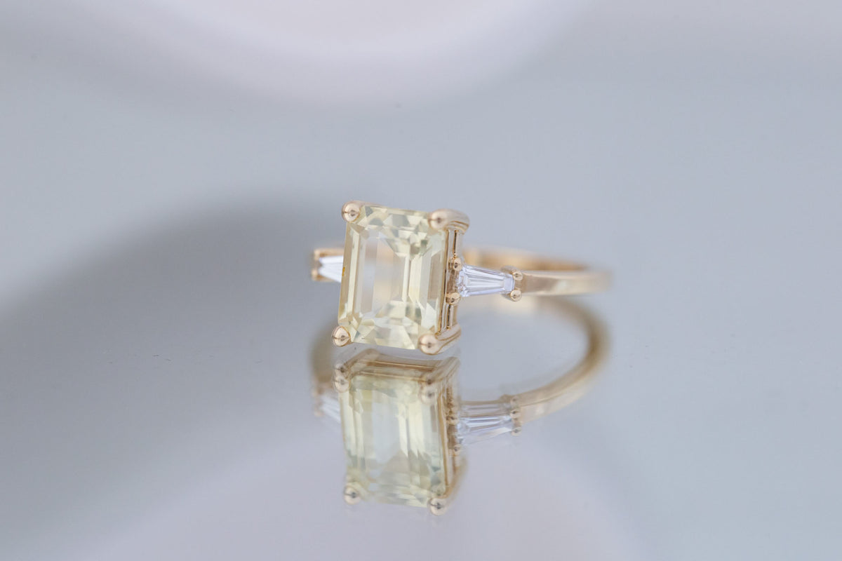 Marlowe Ring | Yellow Emerald Cut Sapphire + Tapered Baguette Engagement Ring 2.79 ct | 14k Recycled Gold | One of a Kind