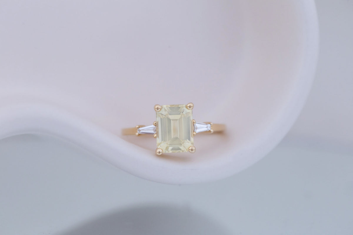 Marlowe Ring | Yellow Emerald Cut Sapphire + Tapered Baguette Engagement Ring 2.79 ct | 14k Recycled Gold | One of a Kind