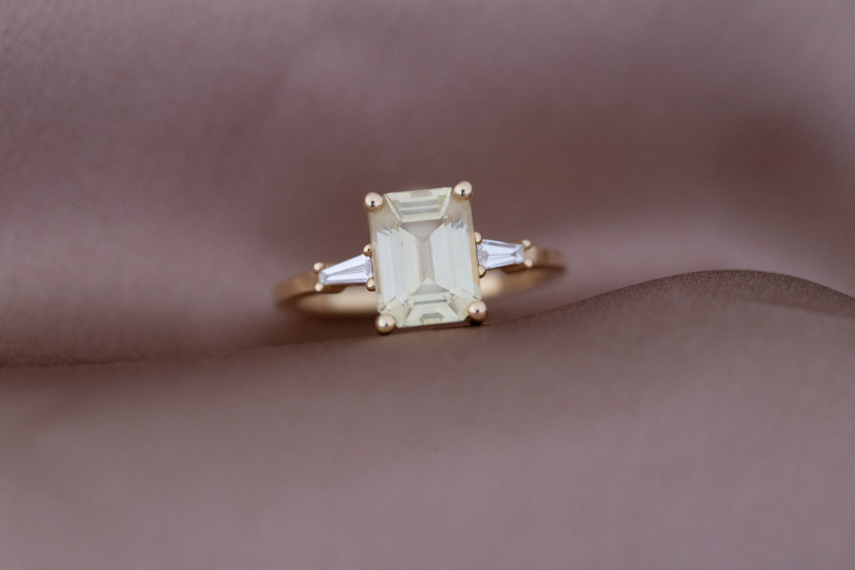 Marlowe Ring | Yellow Emerald Cut Sapphire + Tapered Baguette Engagement Ring 2.79 ct | 14k Recycled Gold | One of a Kind