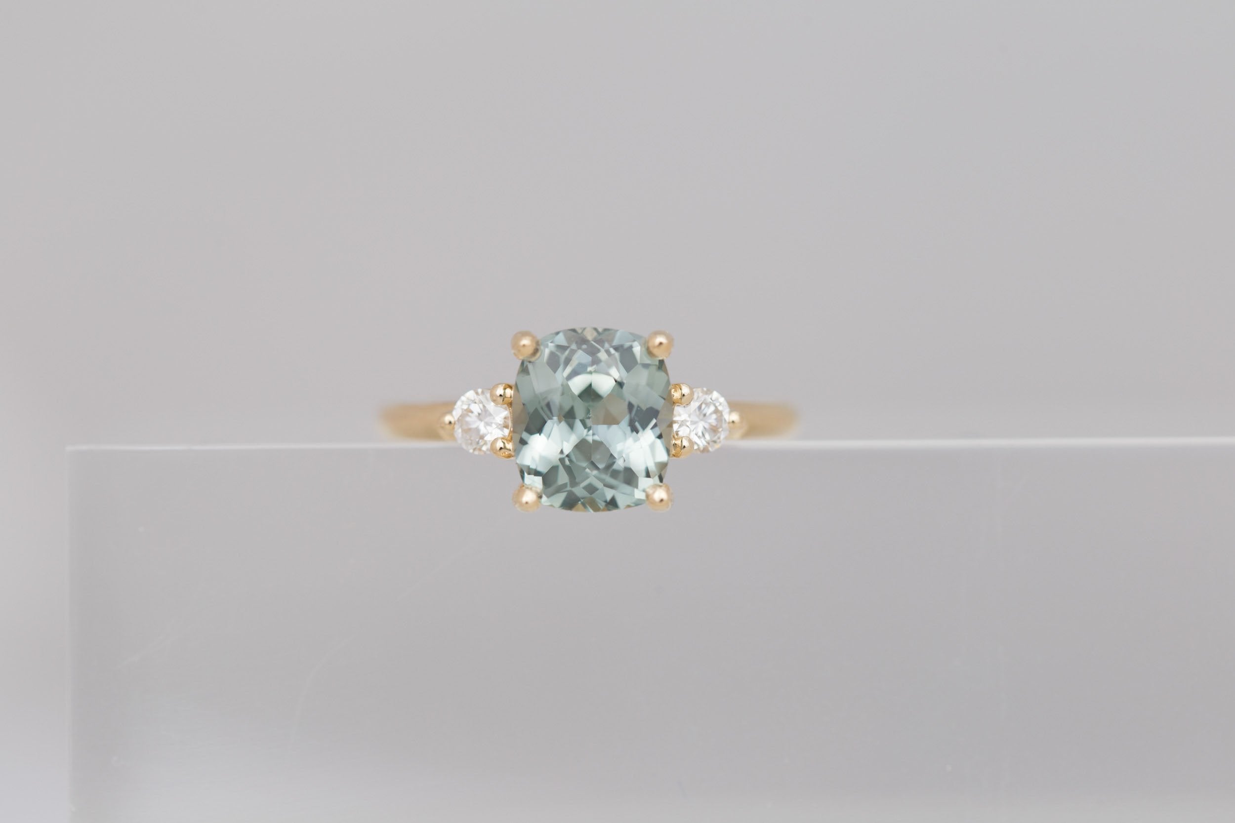 Maeve Ring | Mint Cushion Sapphire + Round Diamond Accent Engagement Ring 2.81 ct | 14k Recycled Gold | One of a Kind