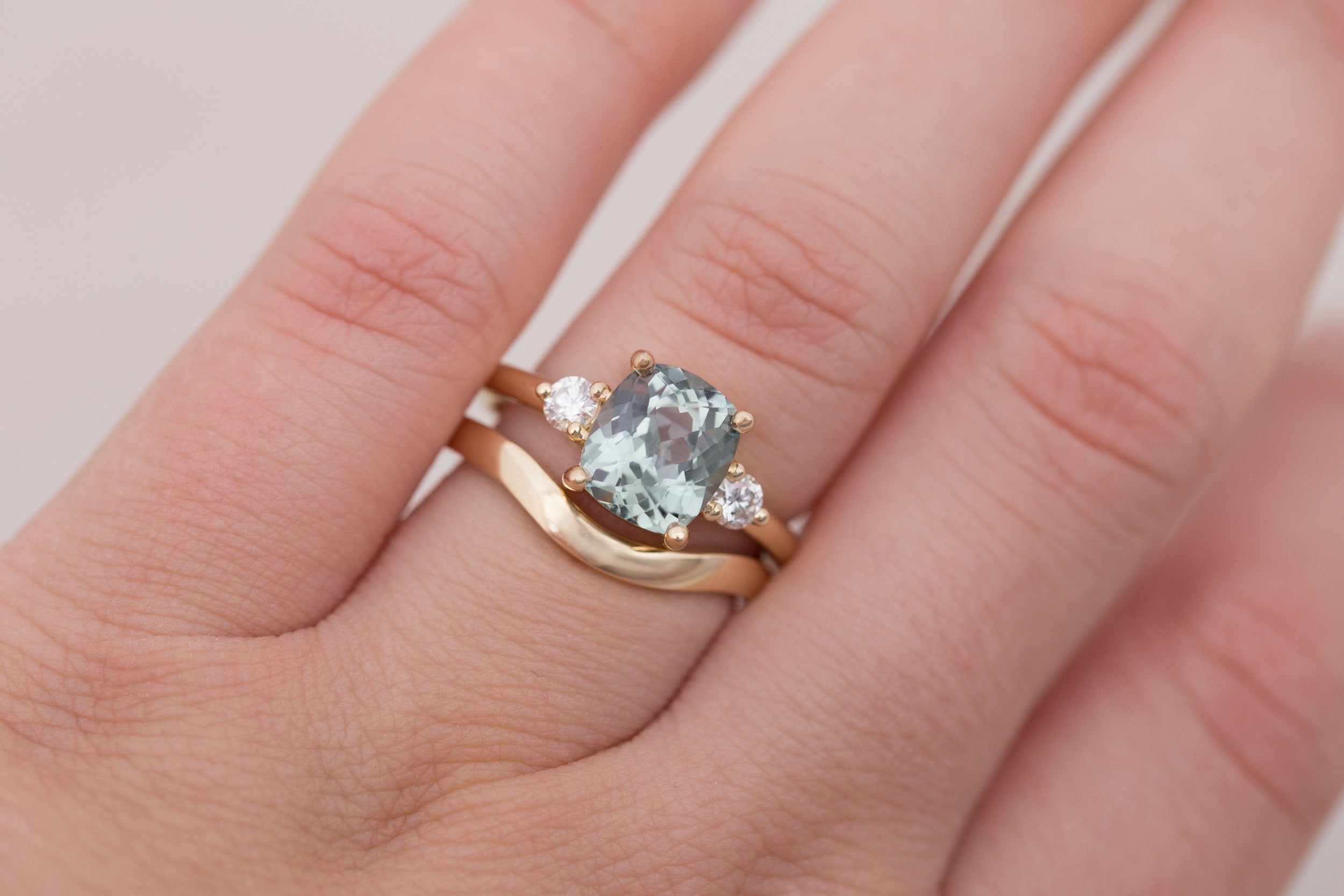 Maeve Ring | Mint Cushion Sapphire + Round Diamond Accent Engagement Ring 2.81 ct | 14k Recycled Gold | One of a Kind