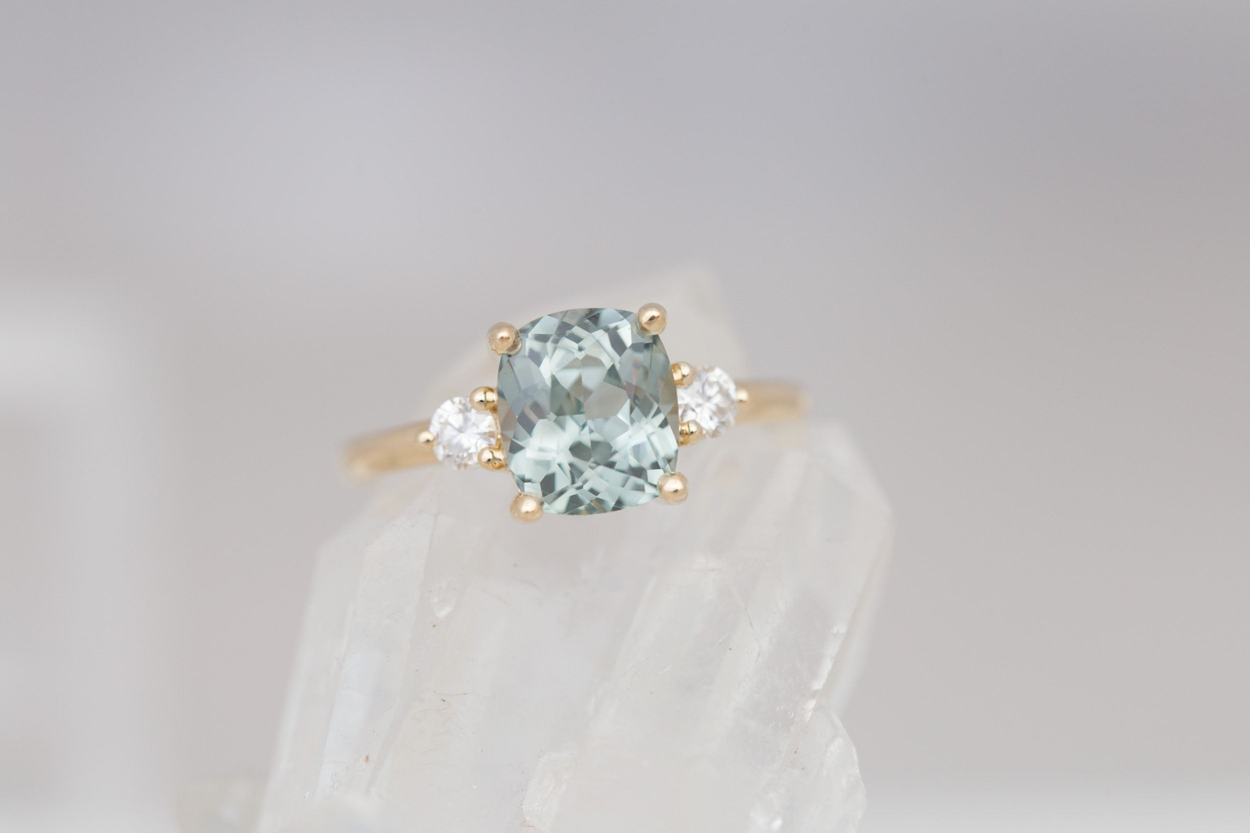 Maeve Ring | Mint Cushion Sapphire + Round Diamond Accent Engagement Ring 2.81 ct | 14k Recycled Gold | One of a Kind