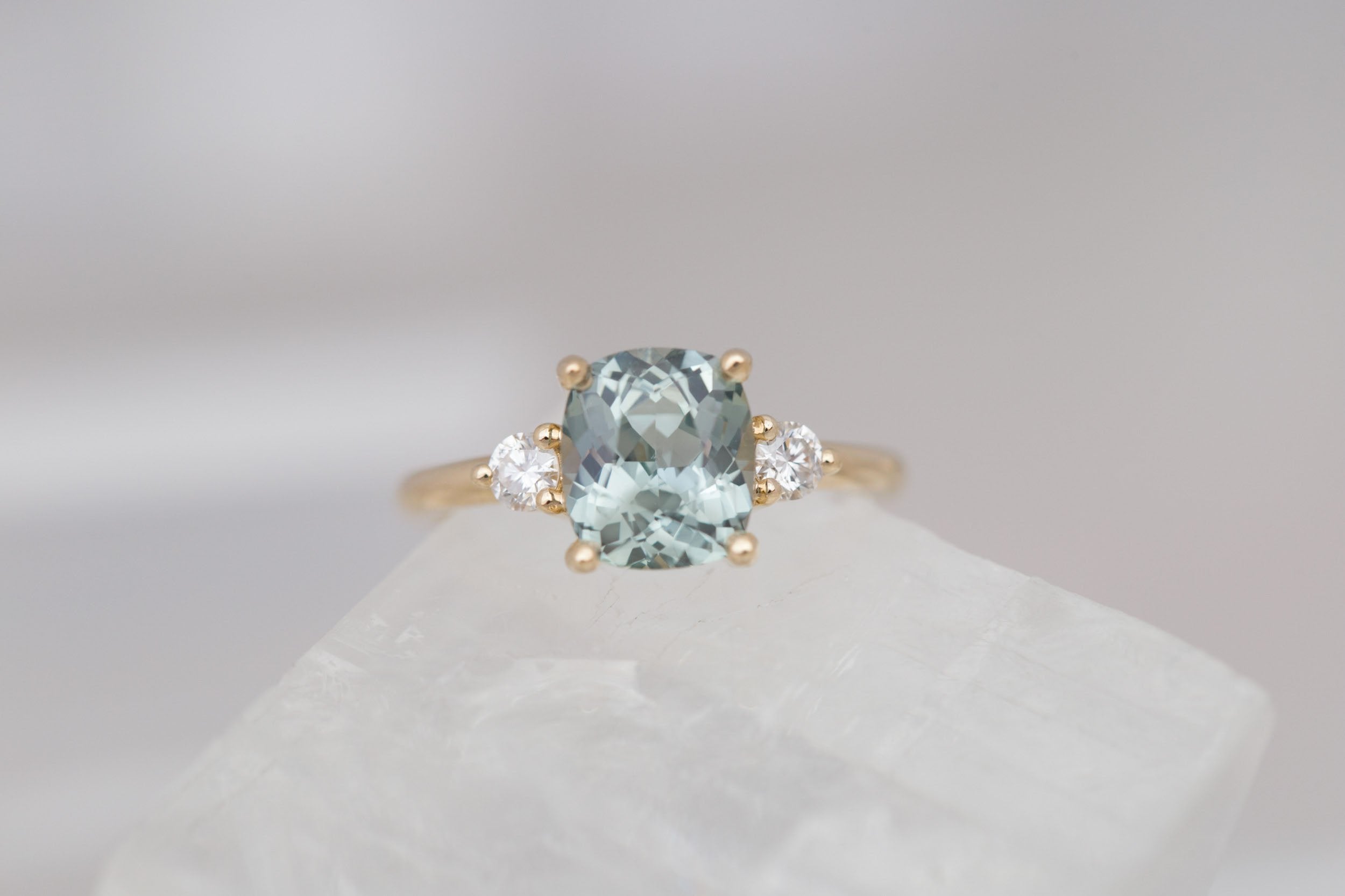 Maeve Ring | Mint Cushion Sapphire + Round Diamond Accent Engagement Ring 2.81 ct | 14k Recycled Gold | One of a Kind