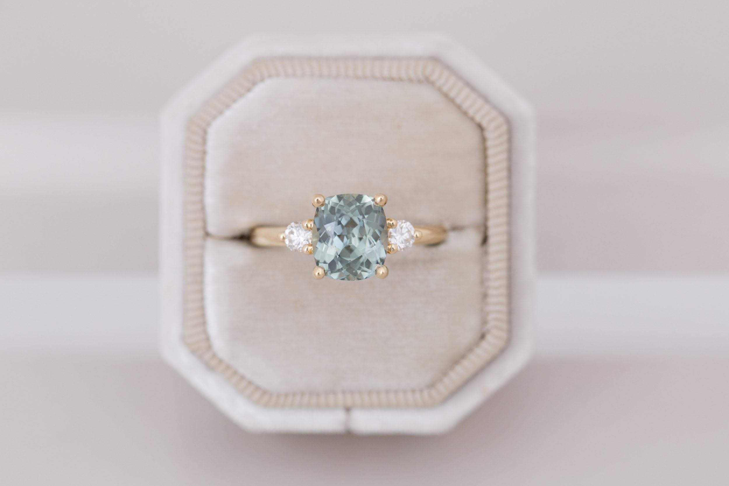 Maeve Ring | Mint Cushion Sapphire + Round Diamond Accent Engagement Ring 2.81 ct | 14k Recycled Gold | One of a Kind