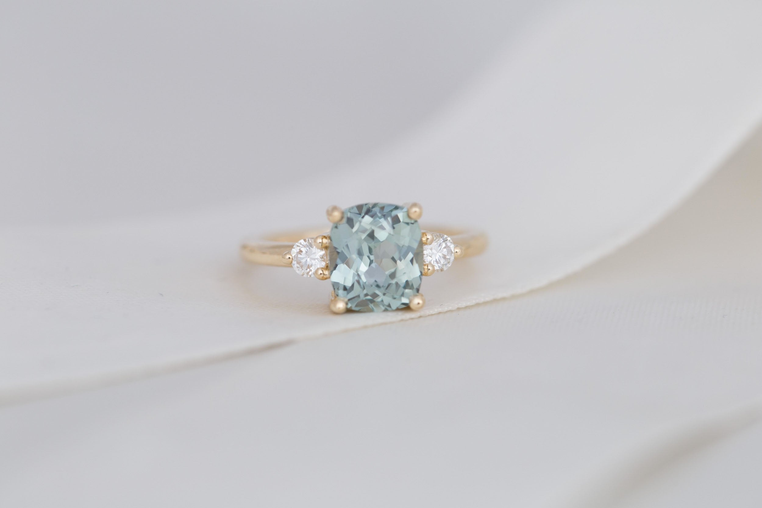 Maeve Ring | Mint Cushion Sapphire + Round Diamond Accent Engagement Ring 2.81 ct | 14k Recycled Gold | One of a Kind