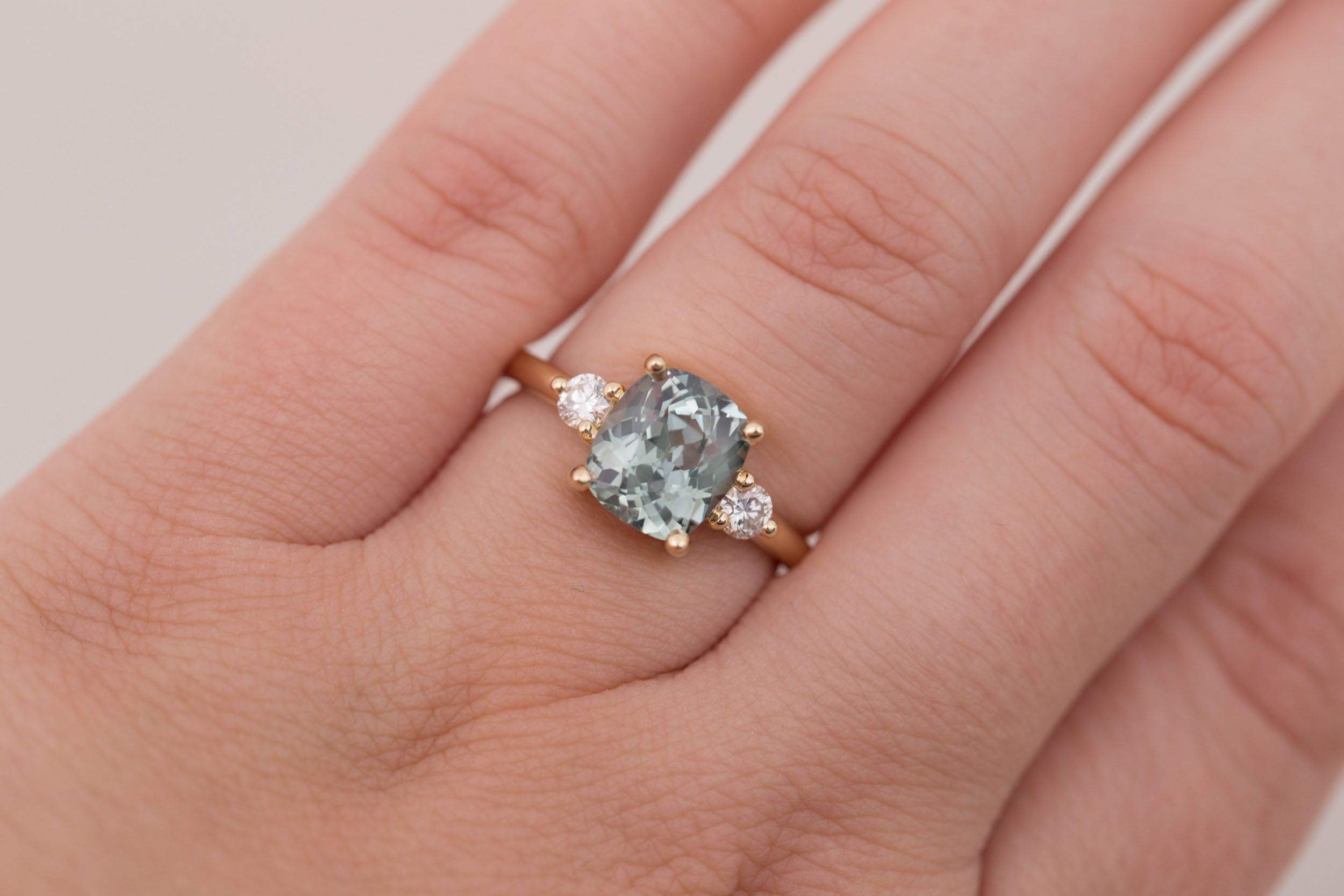 Maeve Ring | Mint Cushion Sapphire + Round Diamond Accent Engagement Ring 2.81 ct | 14k Recycled Gold | One of a Kind