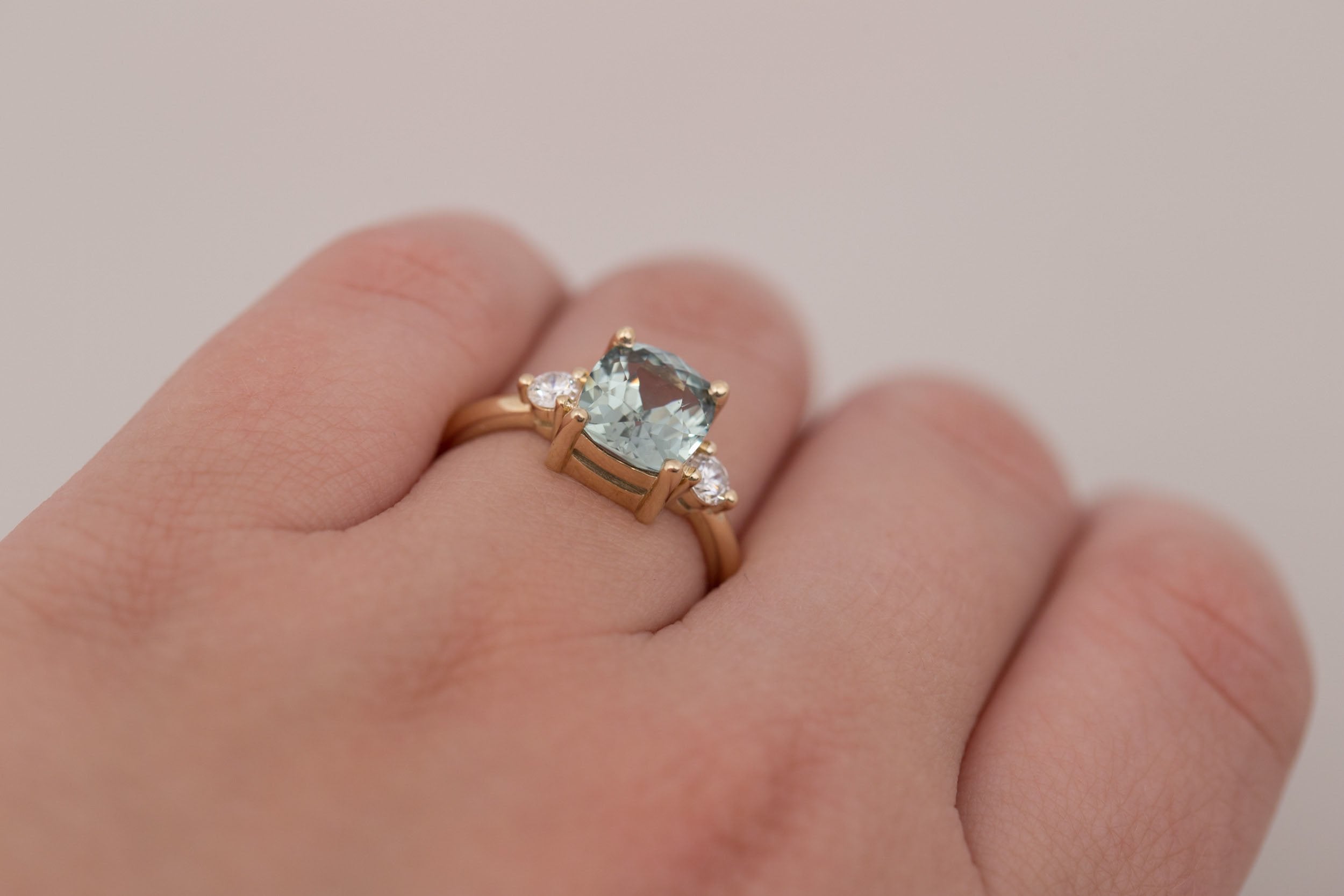 Maeve Ring | Mint Cushion Sapphire + Round Diamond Accent Engagement Ring 2.81 ct | 14k Recycled Gold | One of a Kind
