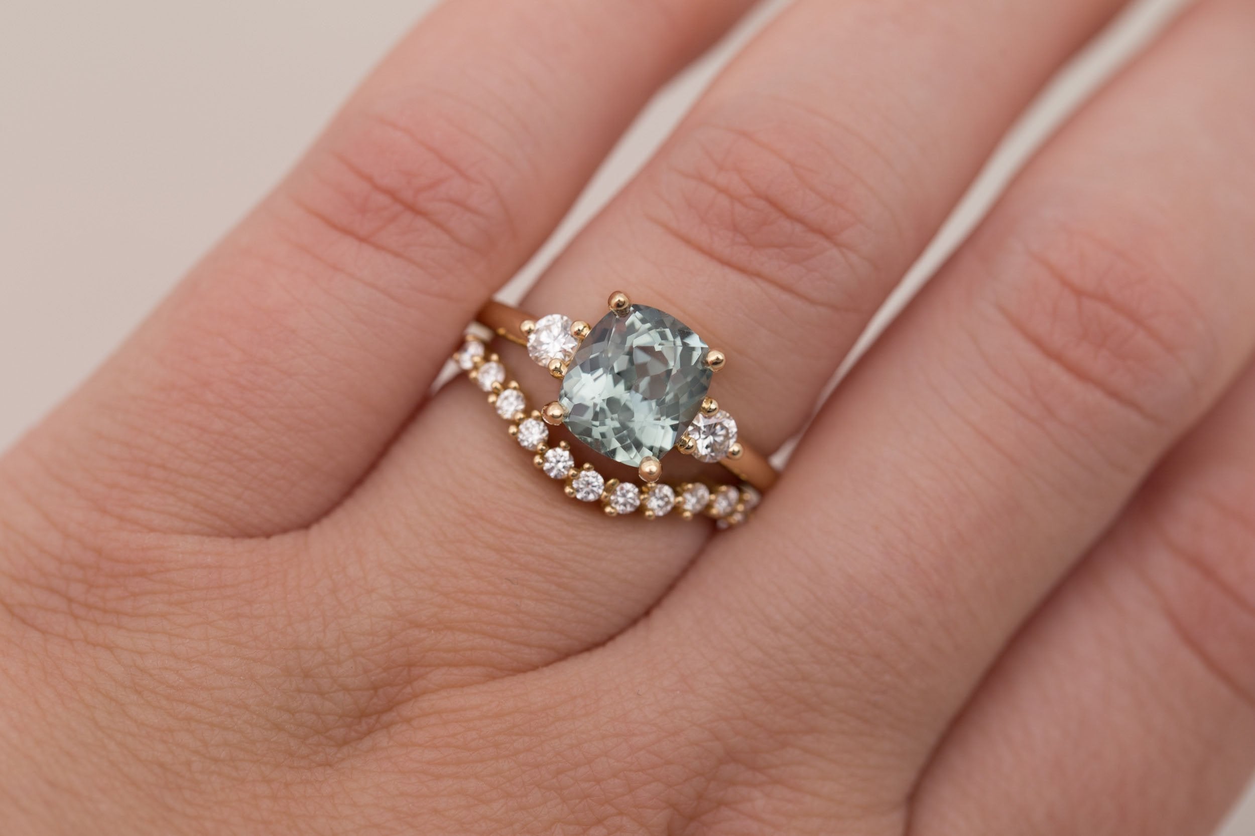Maeve Ring | Mint Cushion Sapphire + Round Diamond Accent Engagement Ring 2.81 ct | 14k Recycled Gold | One of a Kind