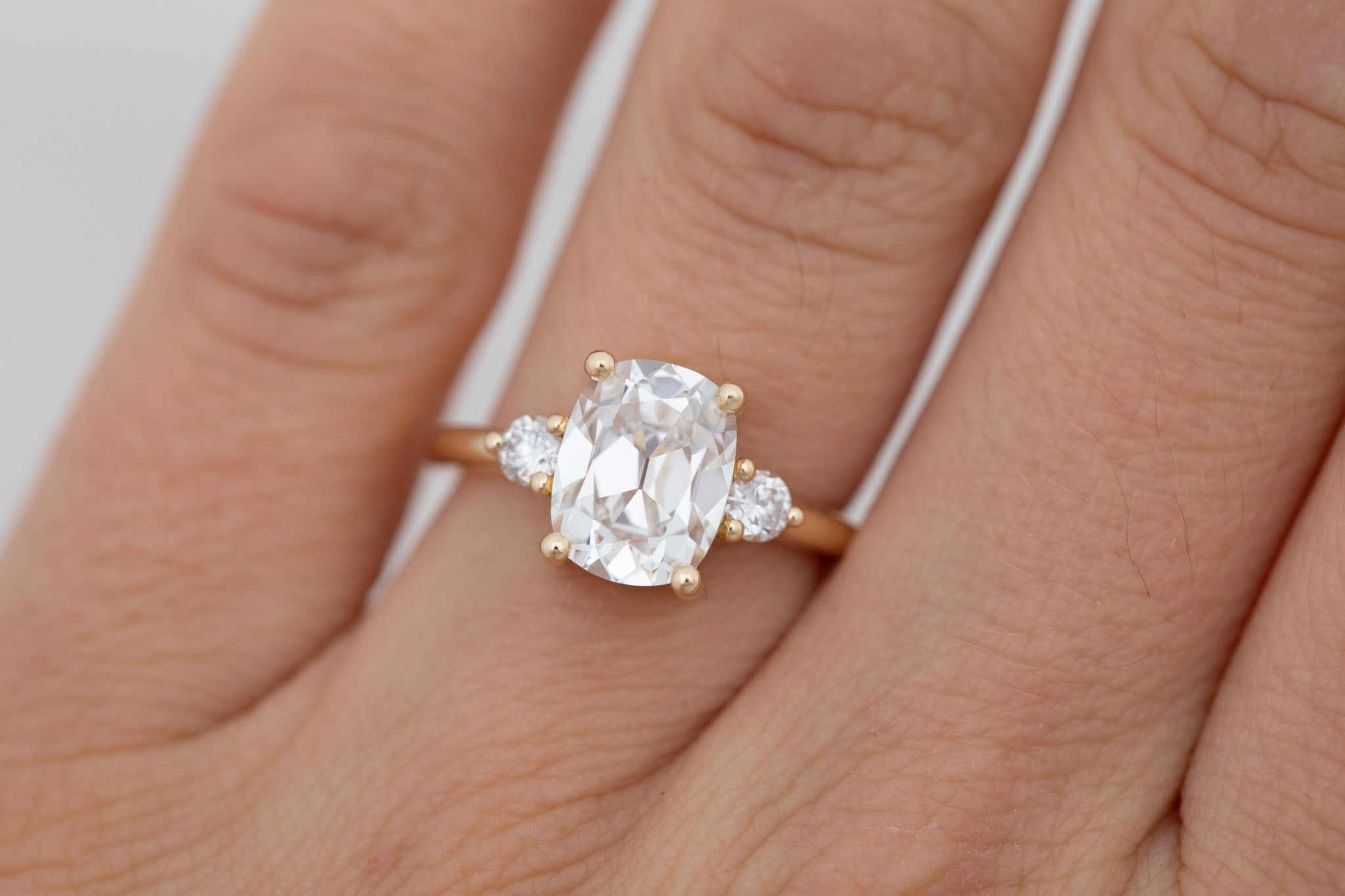 Maeve Ring | Lab Antique Cushion Cut Diamond + Round Lab Diamond Accent Engagement Ring 2.84 ct | 14k Recycled Gold | One of a Kind