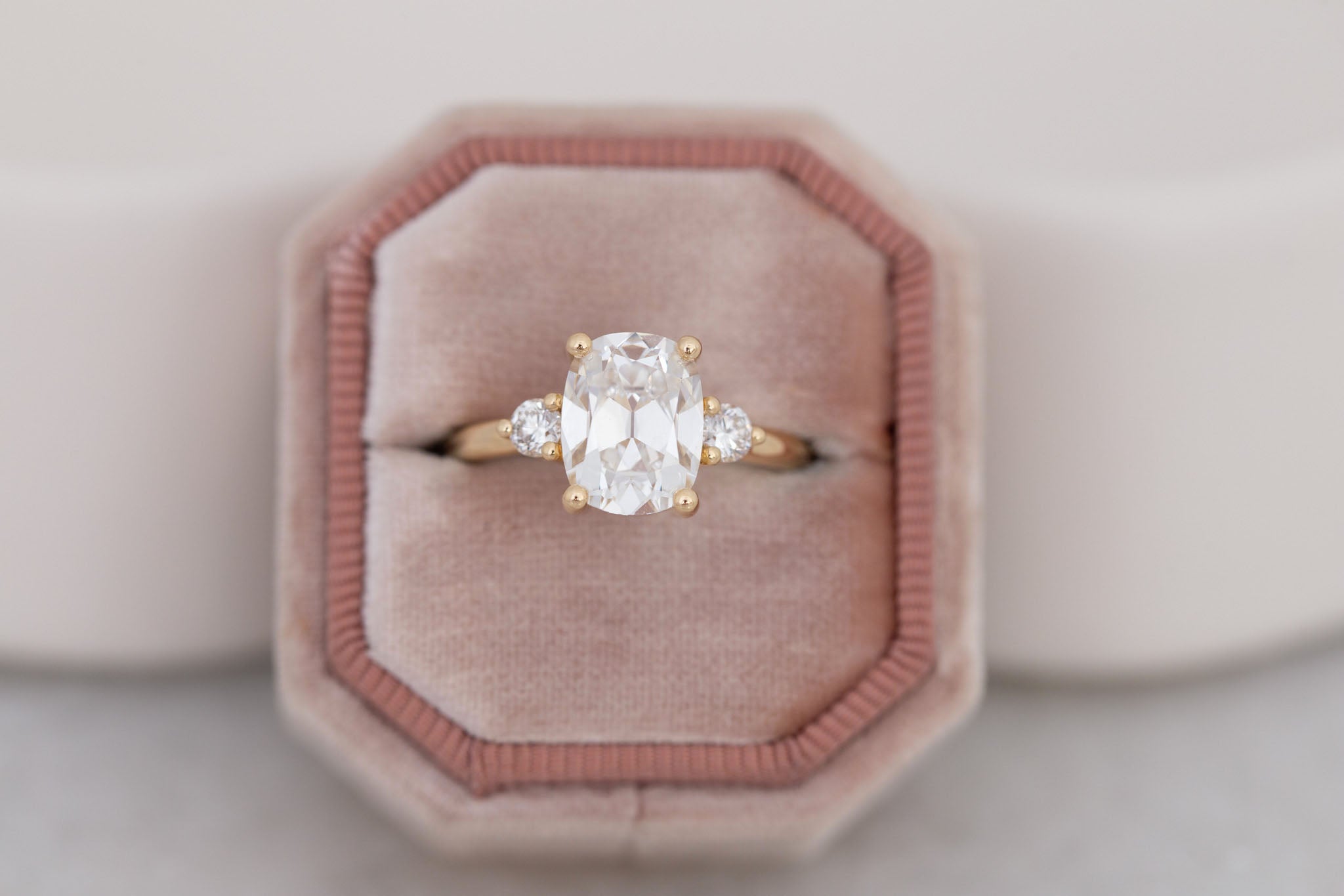 Maeve Ring | Lab Antique Cushion Cut Diamond + Round Lab Diamond Accent Engagement Ring 2.84 ct | 14k Recycled Gold | One of a Kind