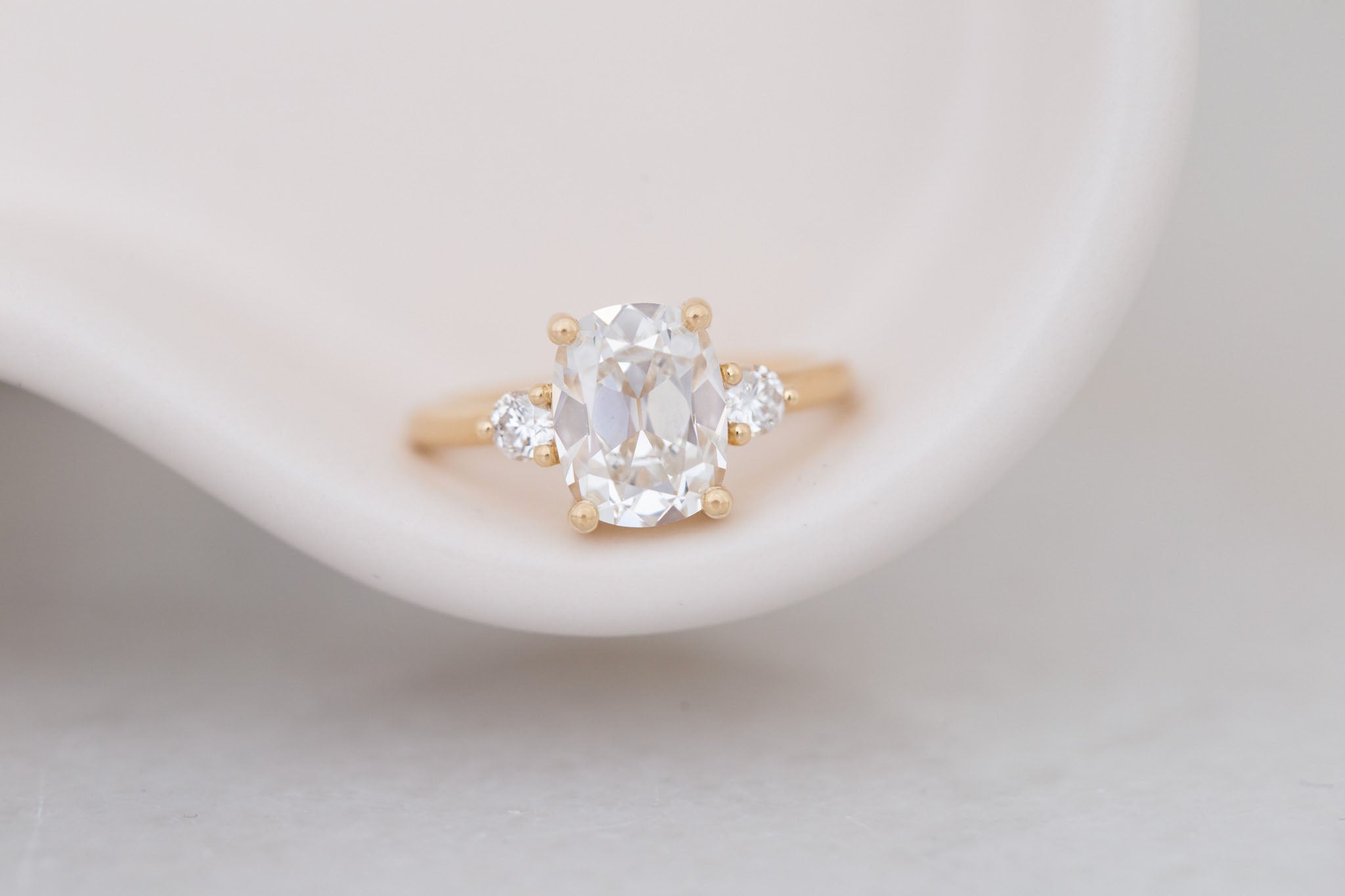Maeve Ring | Lab Antique Cushion Cut Diamond + Round Lab Diamond Accent Engagement Ring 2.84 ct | 14k Recycled Gold | One of a Kind