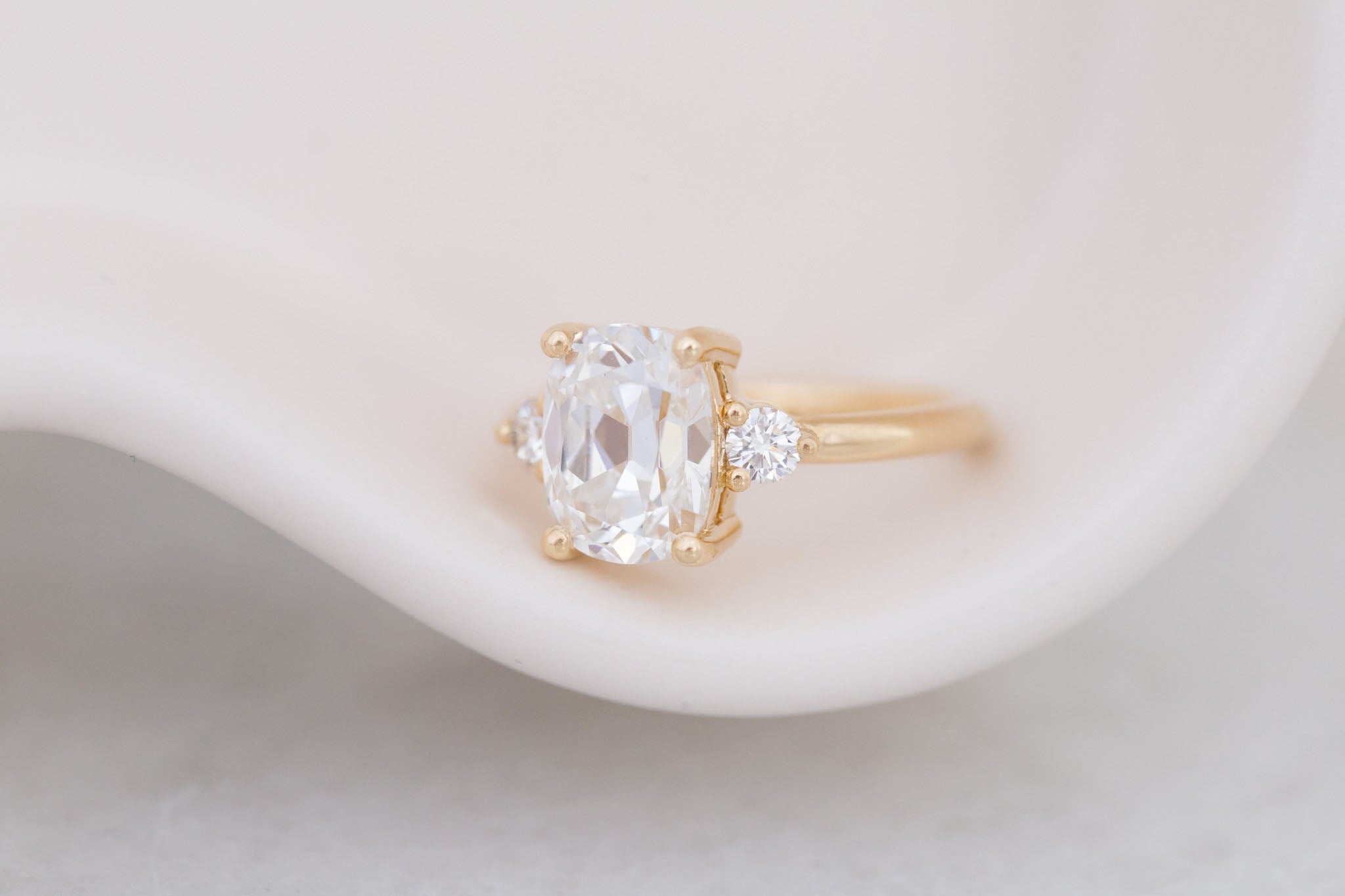 Maeve Ring | Lab Antique Cushion Cut Diamond + Round Lab Diamond Accent Engagement Ring 2.84 ct | 14k Recycled Gold | One of a Kind