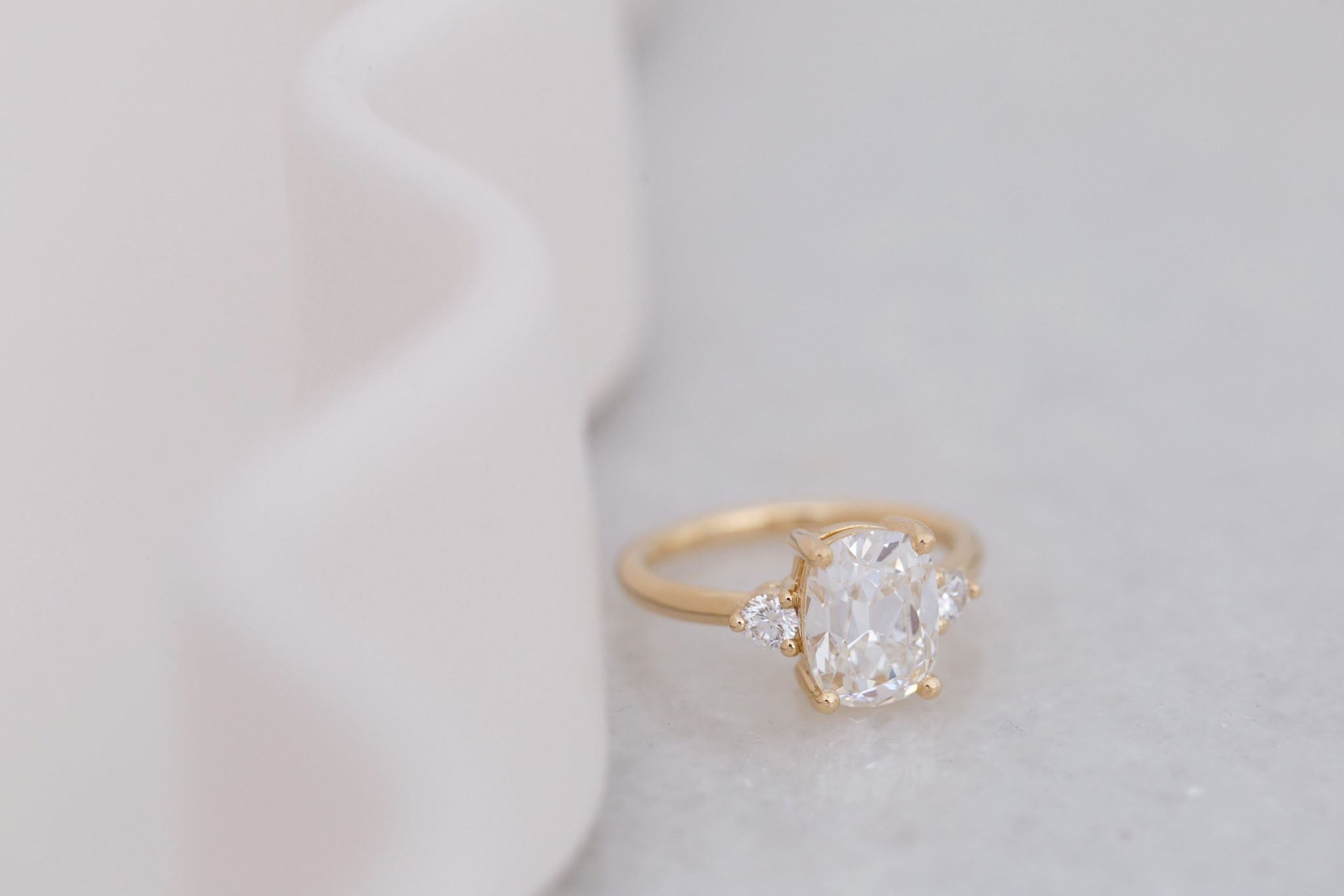Maeve Ring | Lab Antique Cushion Cut Diamond + Round Lab Diamond Accent Engagement Ring 2.84 ct | 14k Recycled Gold | One of a Kind