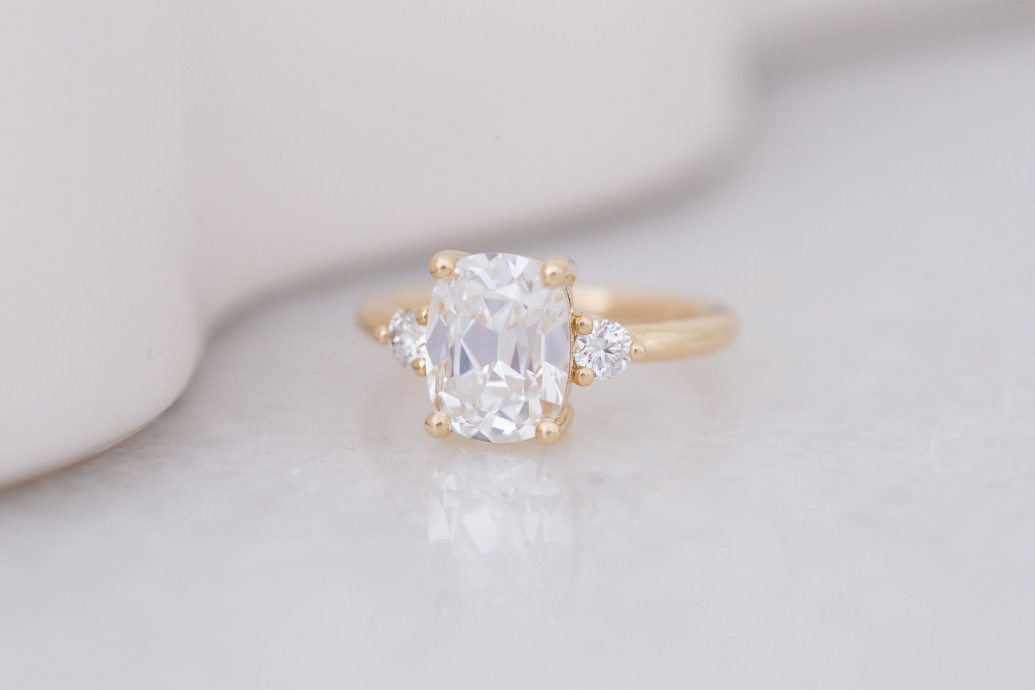Maeve Ring | Lab Antique Cushion Cut Diamond + Round Lab Diamond Accent Engagement Ring 2.84 ct | 14k Recycled Gold | One of a Kind