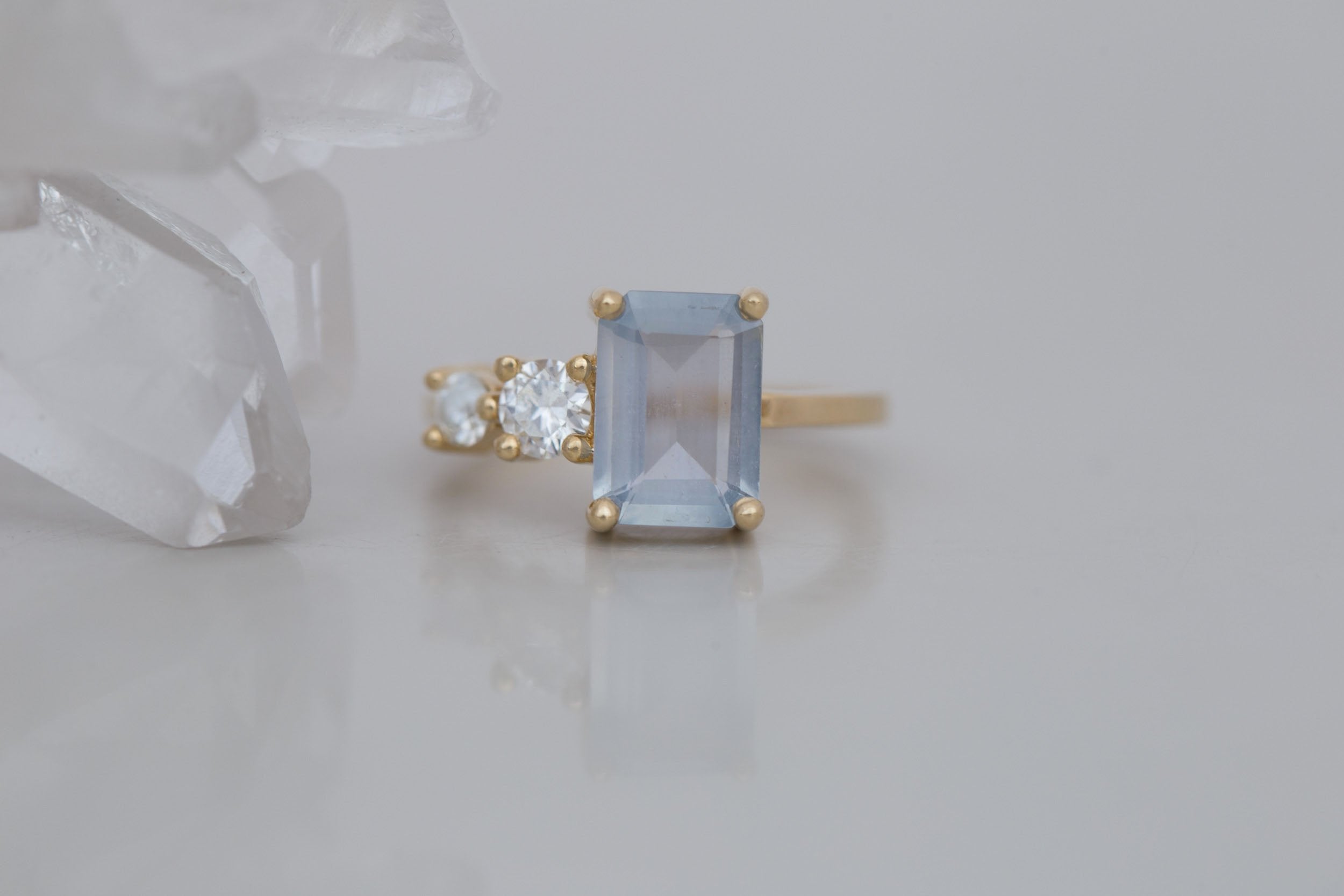 Fern Ring | Icy Blue Emerald Cut Sapphire + Antique Diamonds Engagement Ring 2.41 ct | 14k Recycled Gold | One of a Kind