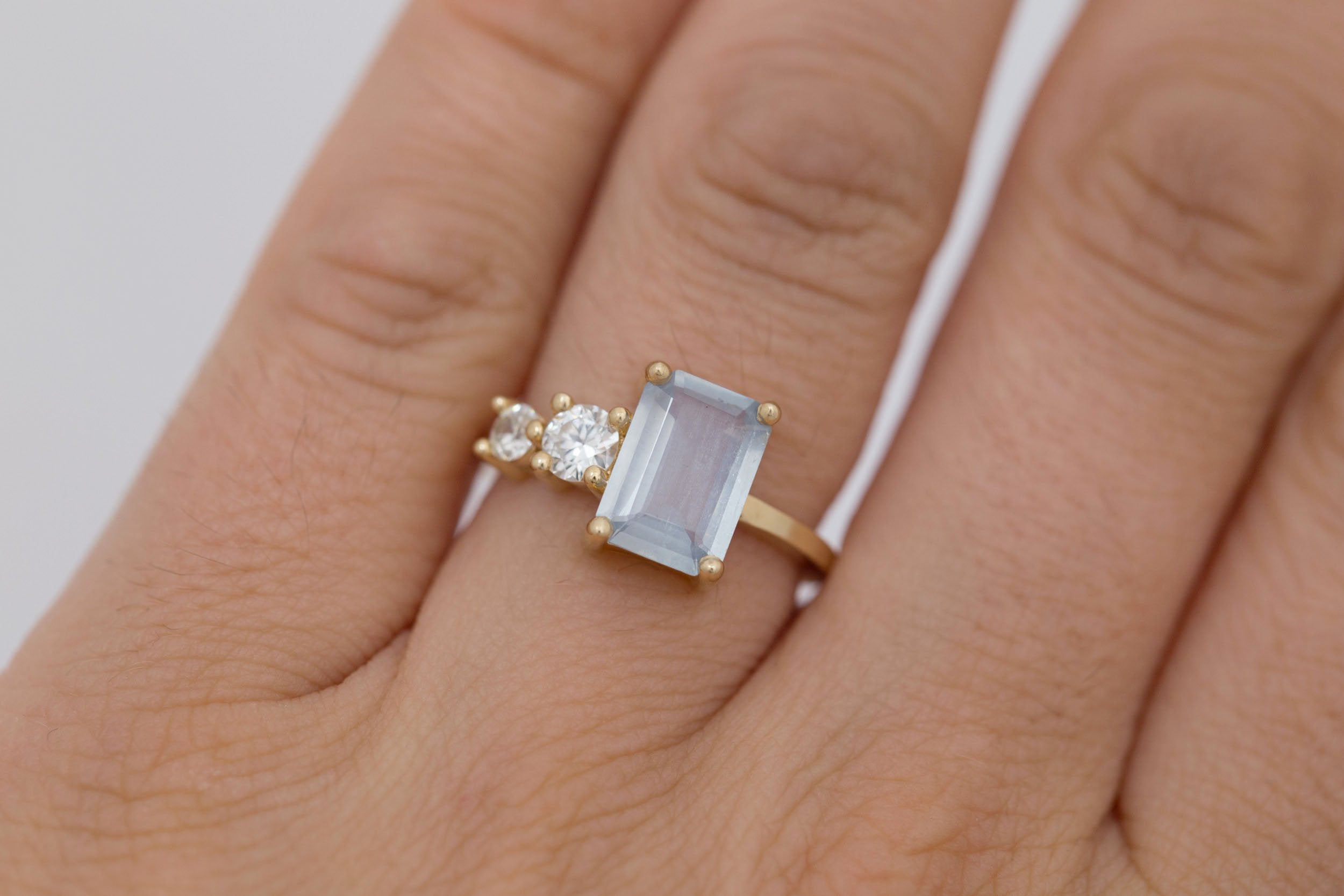 Fern Ring | Icy Blue Emerald Cut Sapphire + Antique Diamonds Engagement Ring 2.41 ct | 14k Recycled Gold | One of a Kind