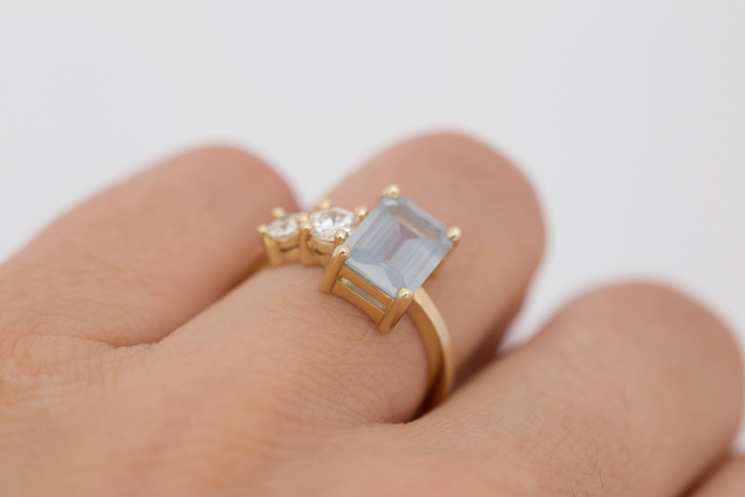 Fern Ring | Icy Blue Emerald Cut Sapphire + Antique Diamonds Engagement Ring 2.41 ct | 14k Recycled Gold | One of a Kind
