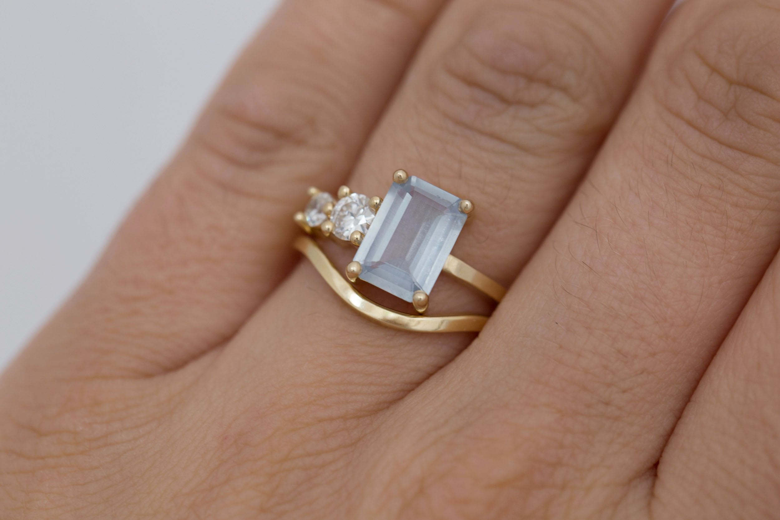 Fern Ring | Icy Blue Emerald Cut Sapphire + Antique Diamonds Engagement Ring 2.41 ct | 14k Recycled Gold | One of a Kind