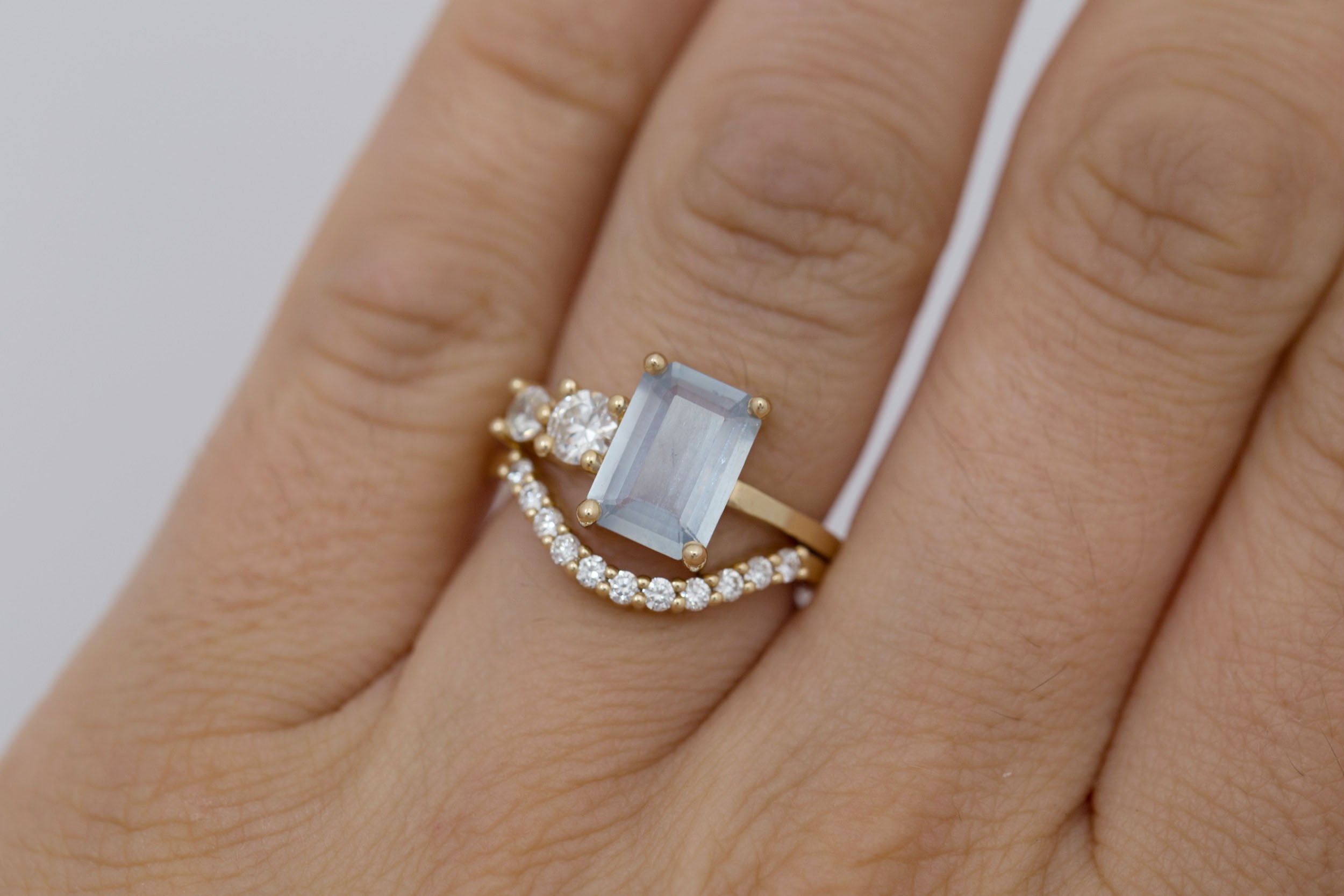 Fern Ring | Icy Blue Emerald Cut Sapphire + Antique Diamonds Engagement Ring 2.41 ct | 14k Recycled Gold | One of a Kind