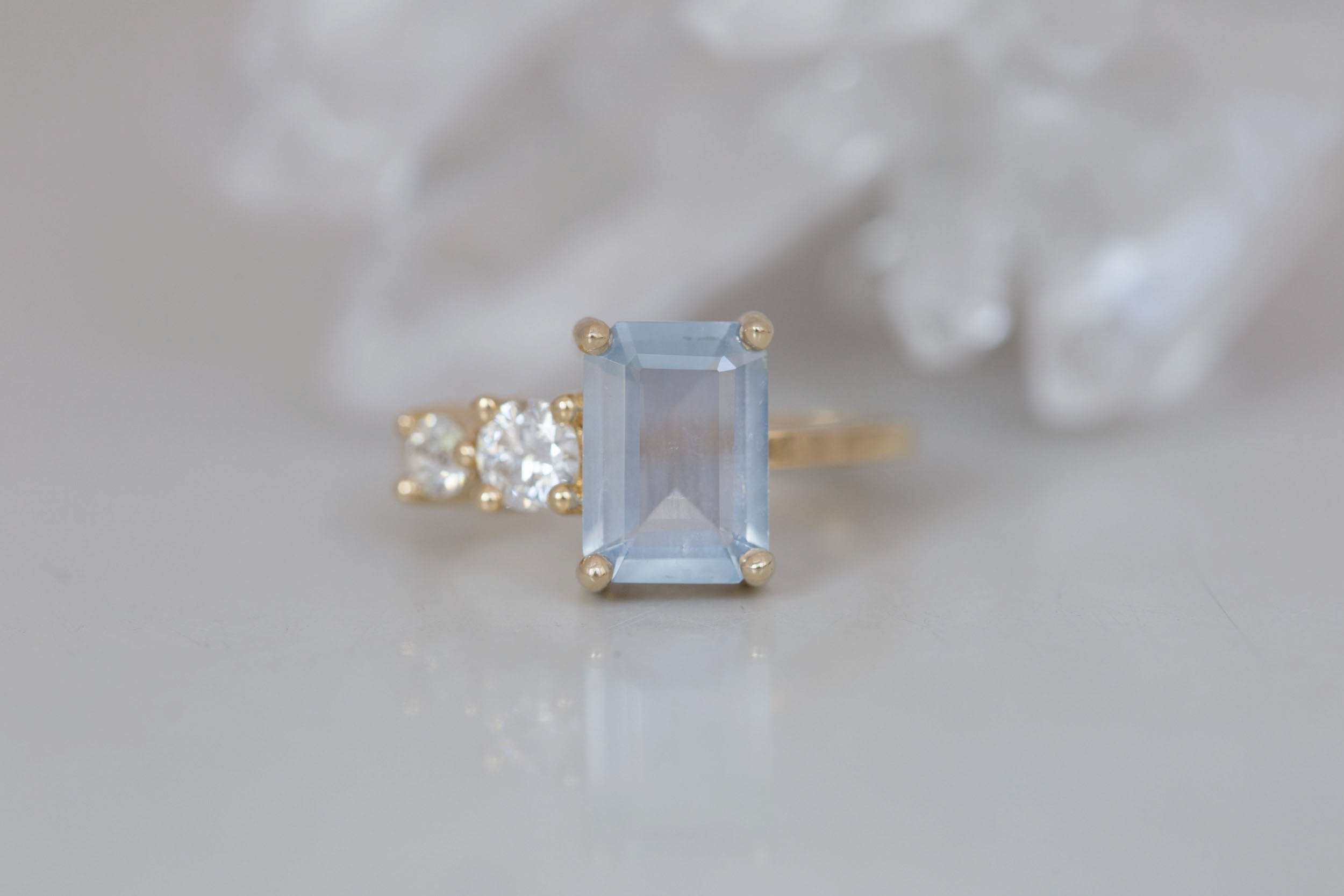 Fern Ring | Icy Blue Emerald Cut Sapphire + Antique Diamonds Engagement Ring 2.41 ct | 14k Recycled Gold | One of a Kind
