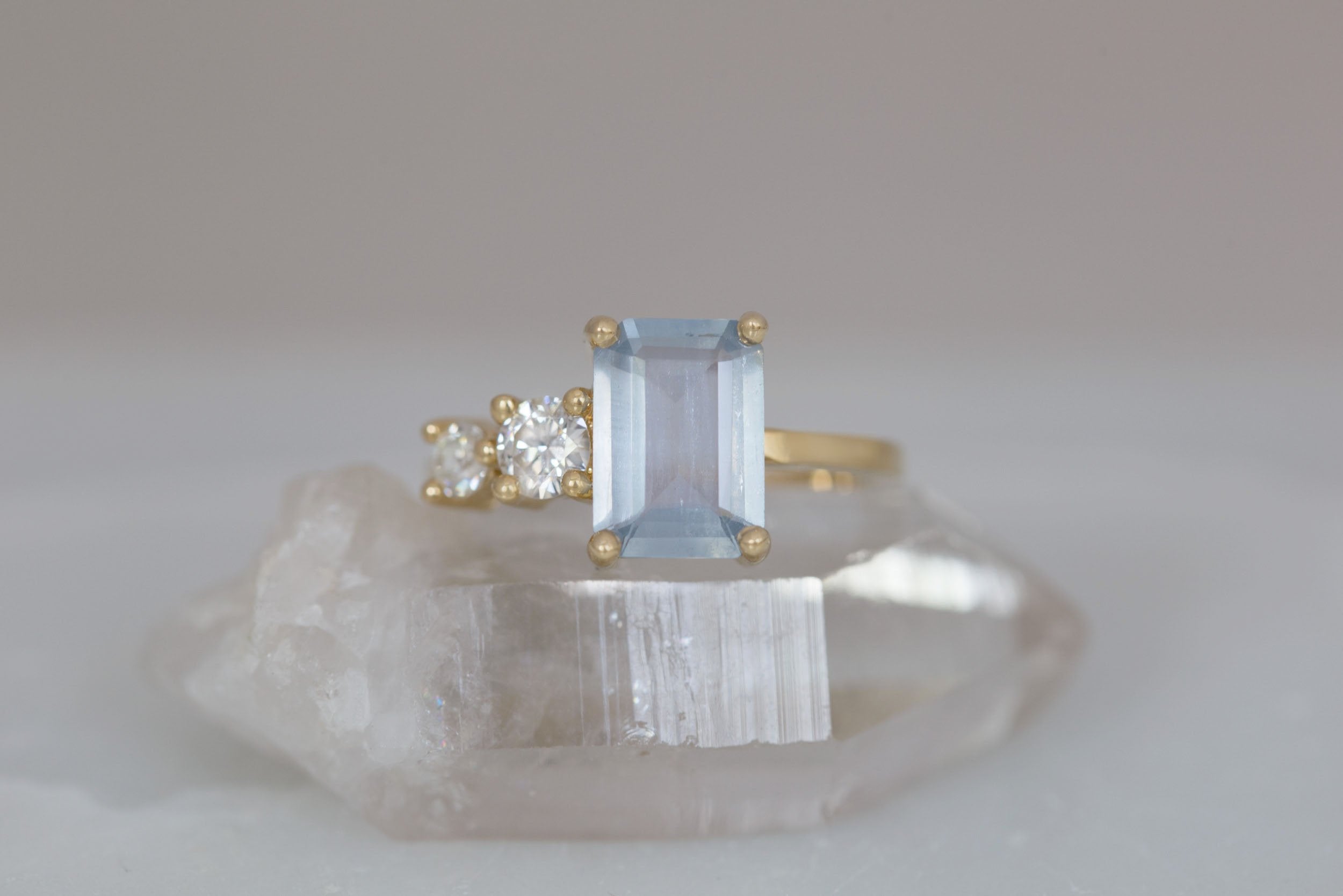 Fern Ring | Icy Blue Emerald Cut Sapphire + Antique Diamonds Engagement Ring 2.41 ct | 14k Recycled Gold | One of a Kind