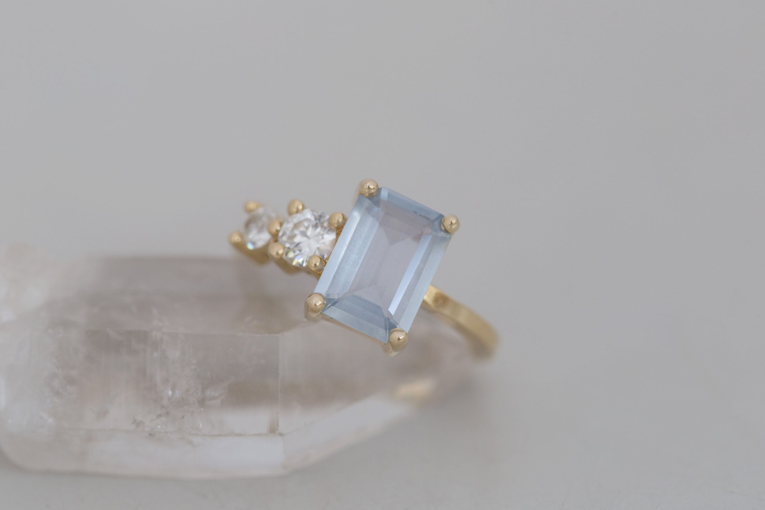 Fern Ring | Icy Blue Emerald Cut Sapphire + Antique Diamonds Engagement Ring 2.41 ct | 14k Recycled Gold | One of a Kind