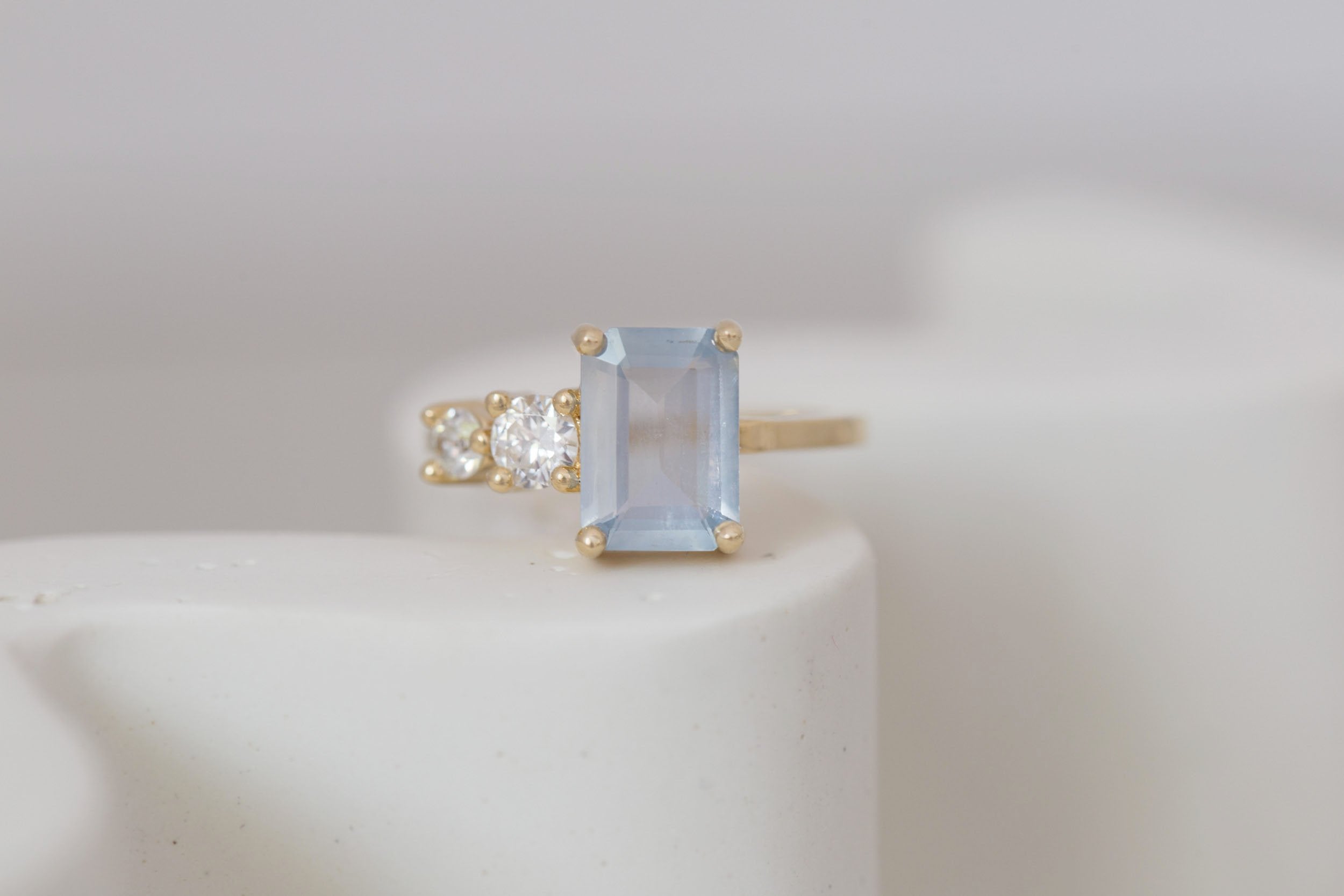 Fern Ring | Icy Blue Emerald Cut Sapphire + Antique Diamonds Engagement Ring 2.41 ct | 14k Recycled Gold | One of a Kind