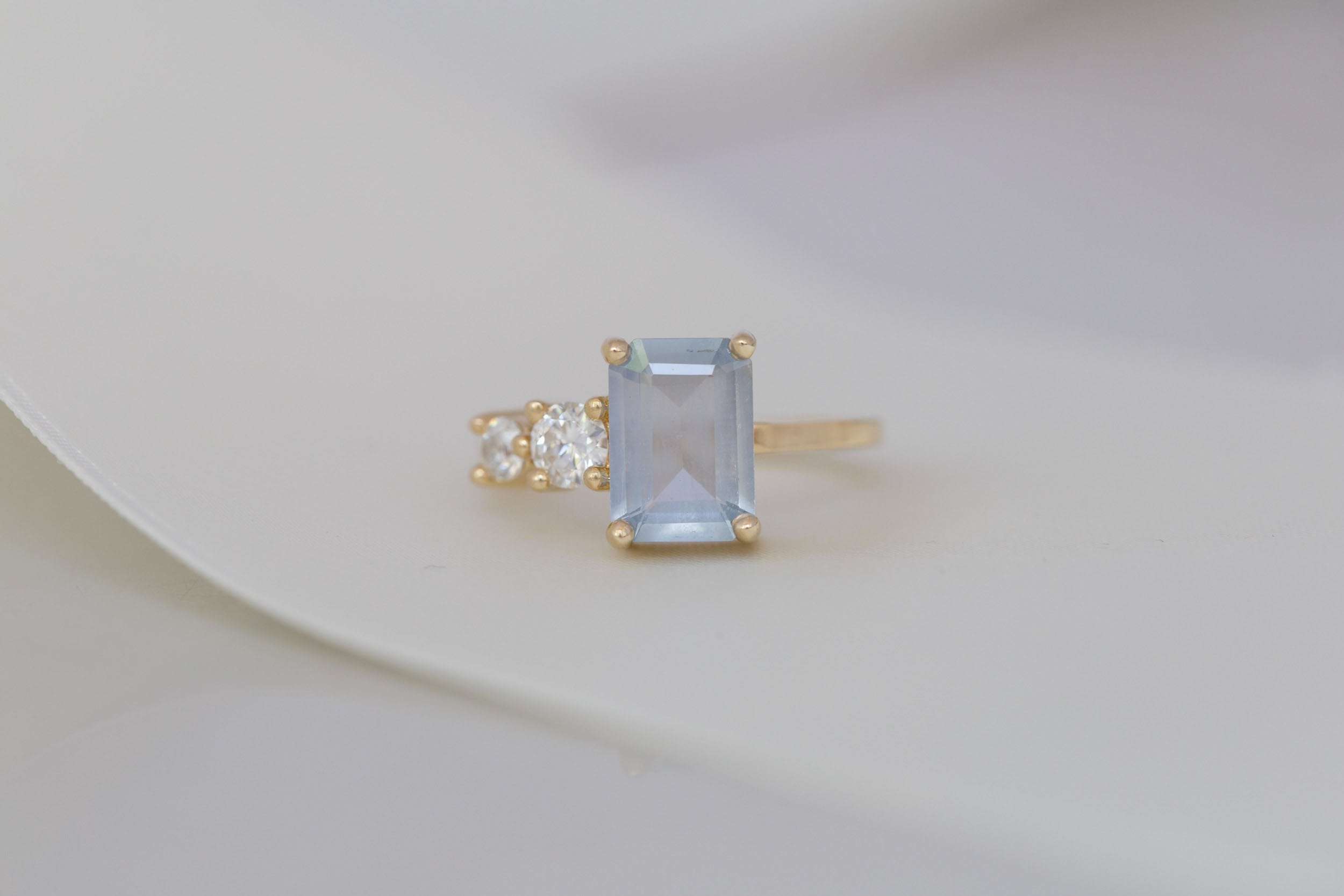 Fern Ring | Icy Blue Emerald Cut Sapphire + Antique Diamonds Engagement Ring 2.41 ct | 14k Recycled Gold | One of a Kind