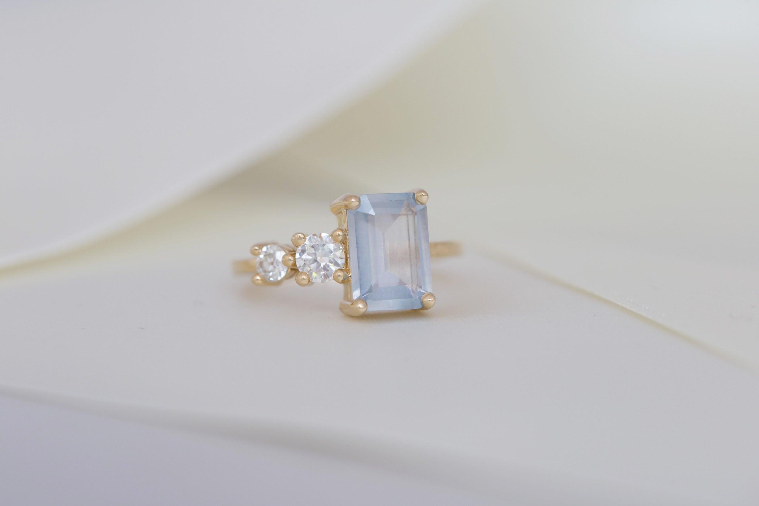 Fern Ring | Icy Blue Emerald Cut Sapphire + Antique Diamonds Engagement Ring 2.41 ct | 14k Recycled Gold | One of a Kind