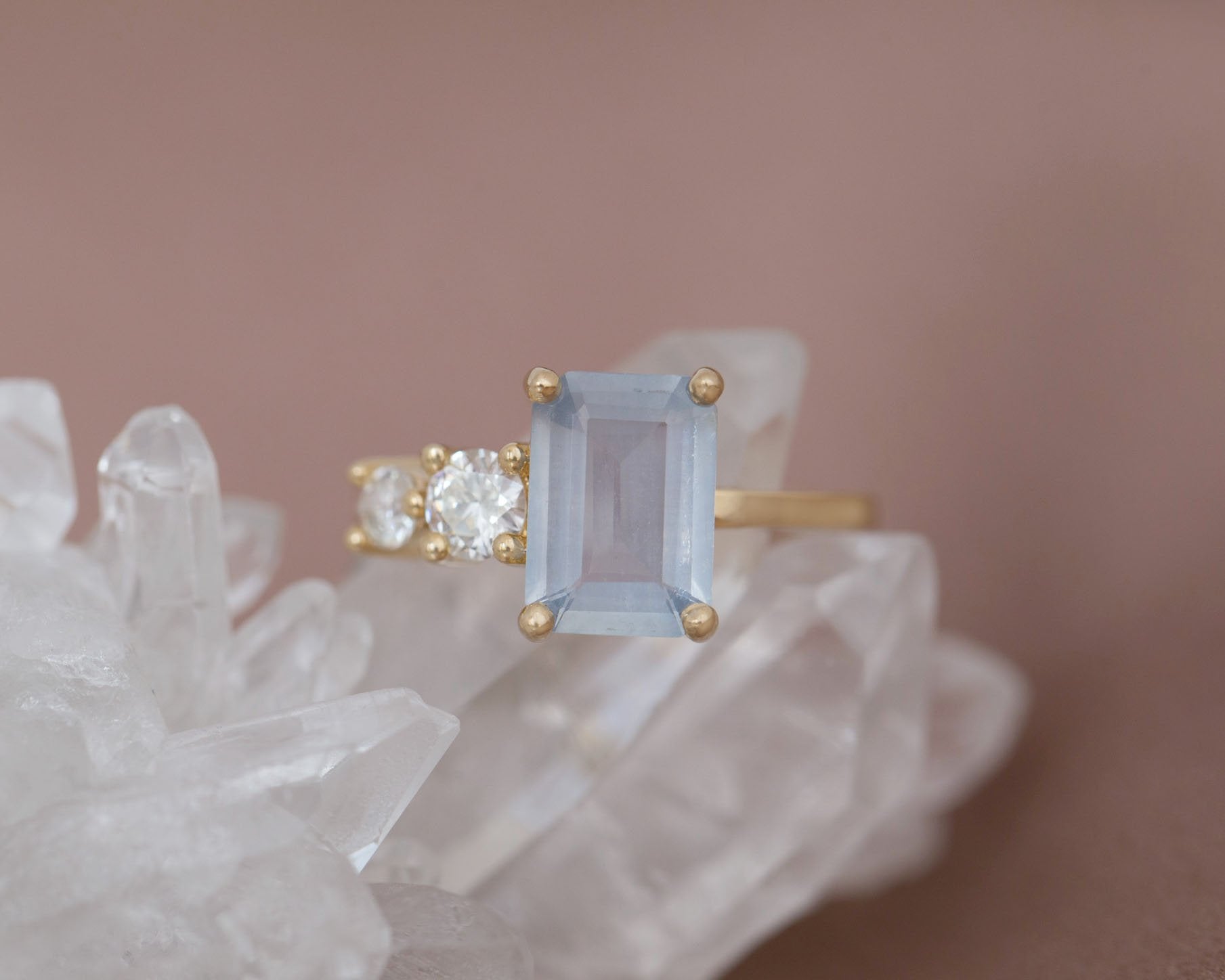 Fern Ring | Icy Blue Emerald Cut Sapphire + Antique Diamonds Engagement Ring 2.41 ct | 14k Recycled Gold | One of a Kind