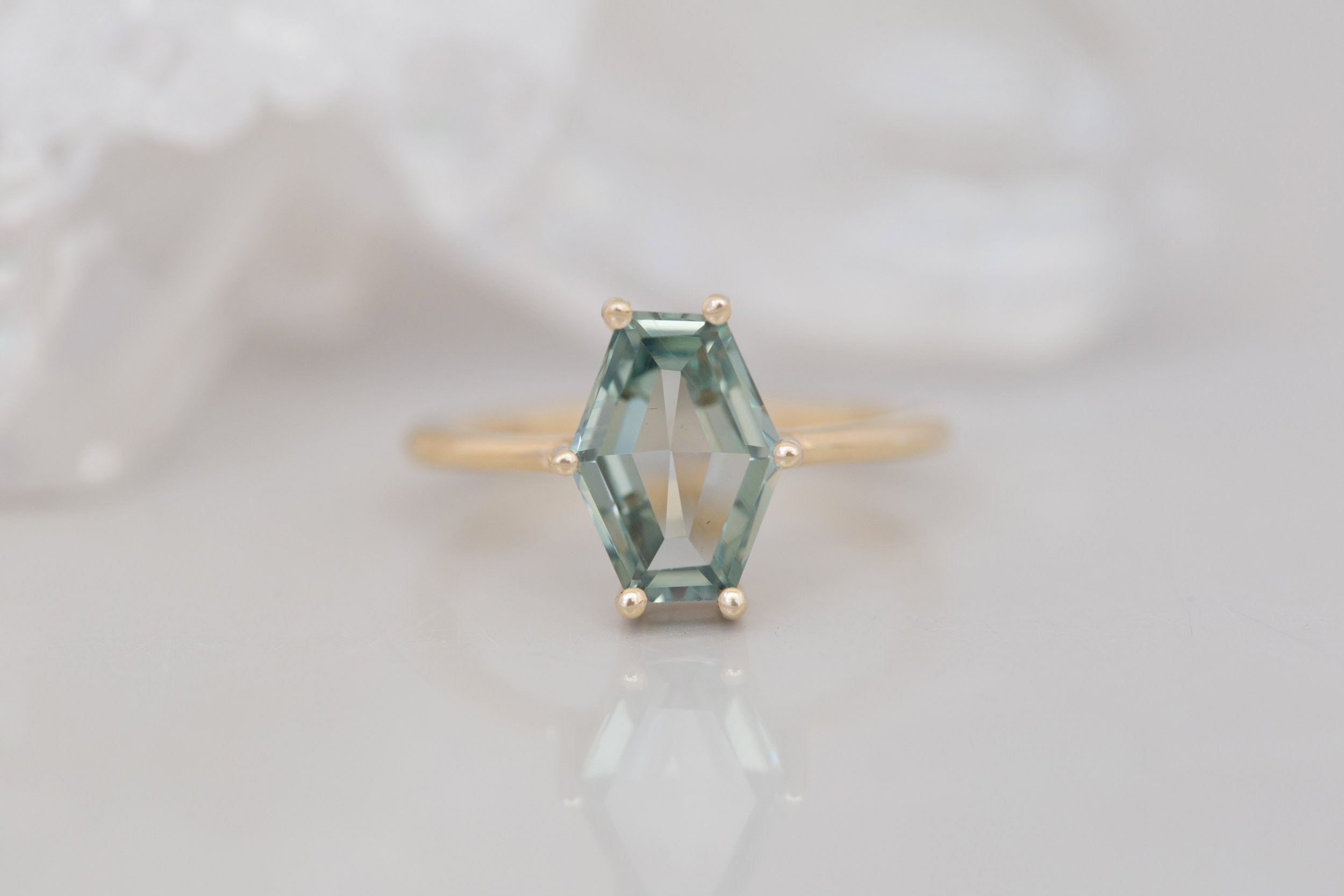 Mesa Ring | Mint Hexagonal Portrait Cut Solitaire Engagement Ring 2.94 ct | 14k Recycled Gold | One of a Kind
