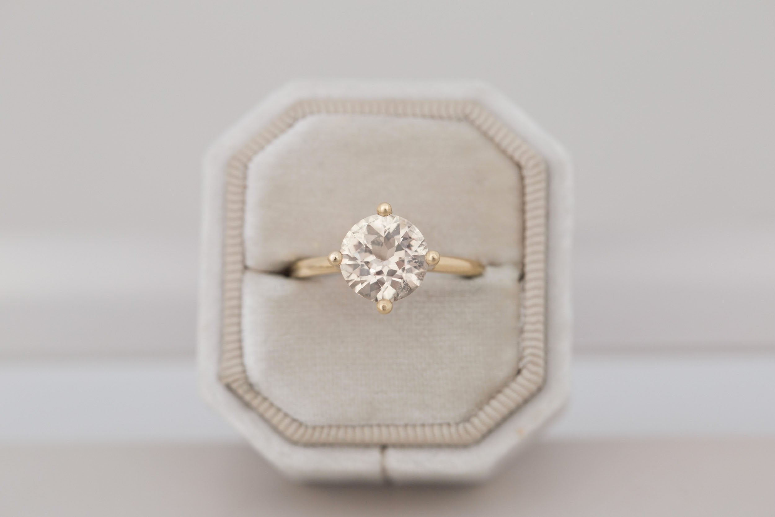 Leta Ring | Champagne Round Sapphire Compass Set Solitaire Engagement Ring 2.95 ct | 14k Recycled Gold | One of a Kind
