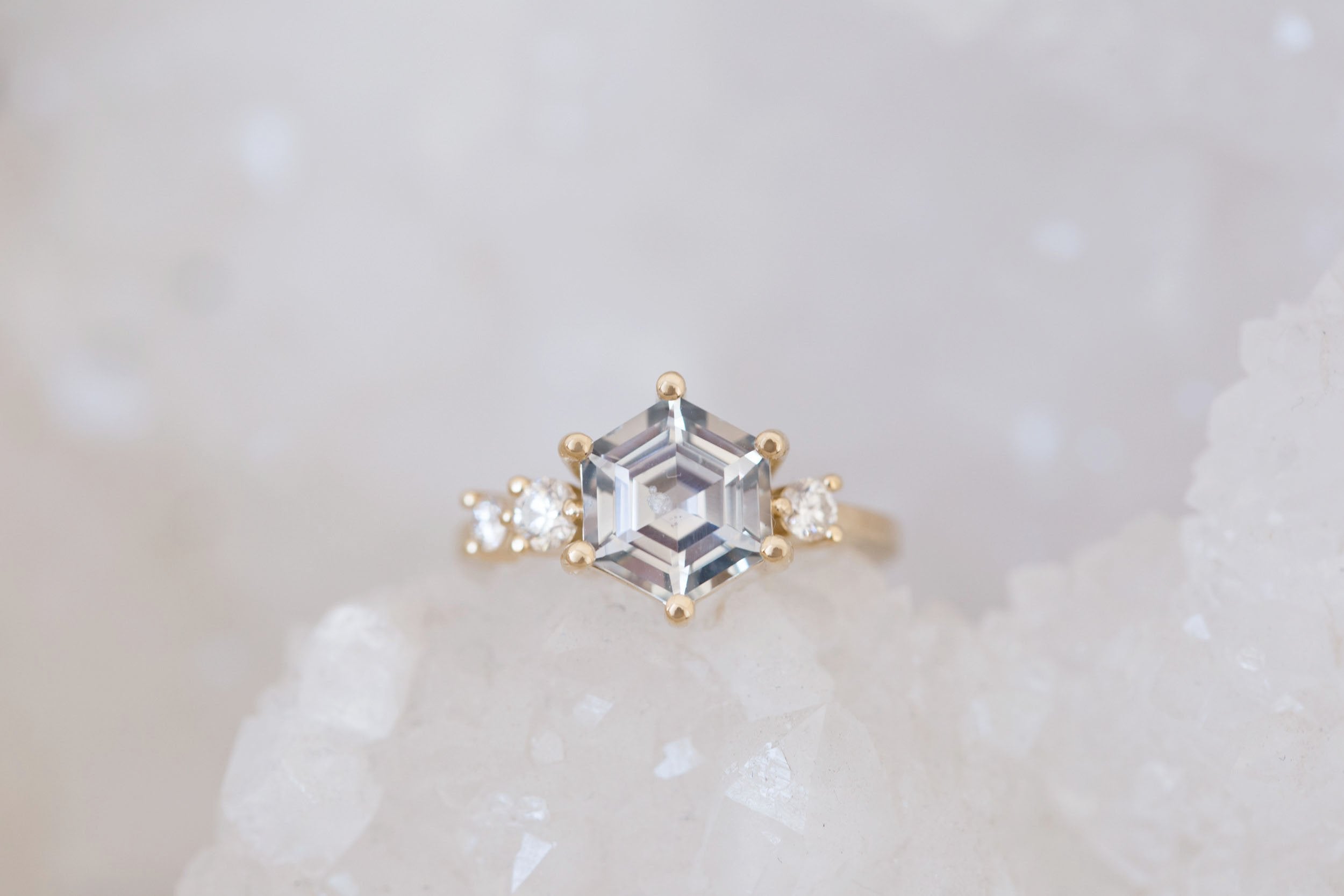 Cassia Ring | Grey Hexagon Sapphire + Diamond Asymmetrical Engagement Ring 2.96 ct | 14k Recycled Gold | One of a Kind