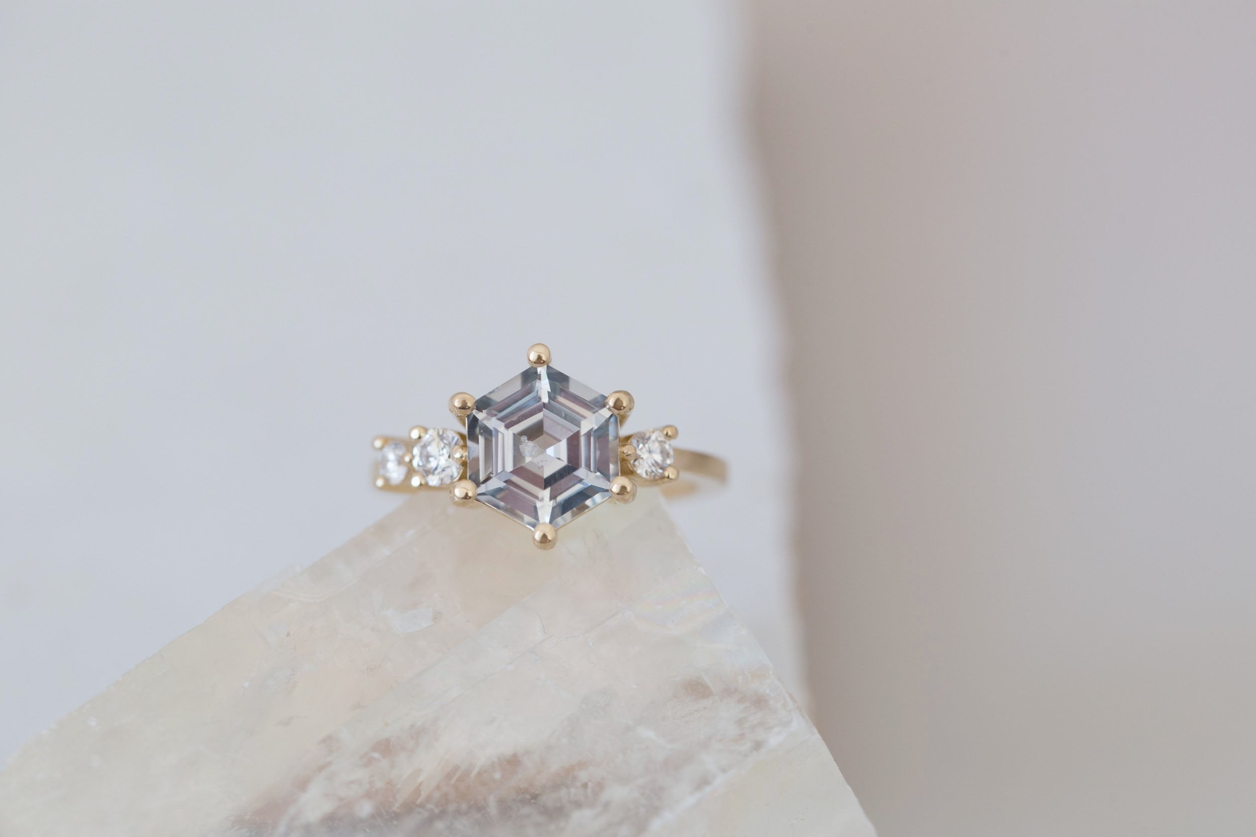 Cassia Ring | Grey Hexagon Sapphire + Diamond Asymmetrical Engagement Ring 2.96 ct | 14k Recycled Gold | One of a Kind