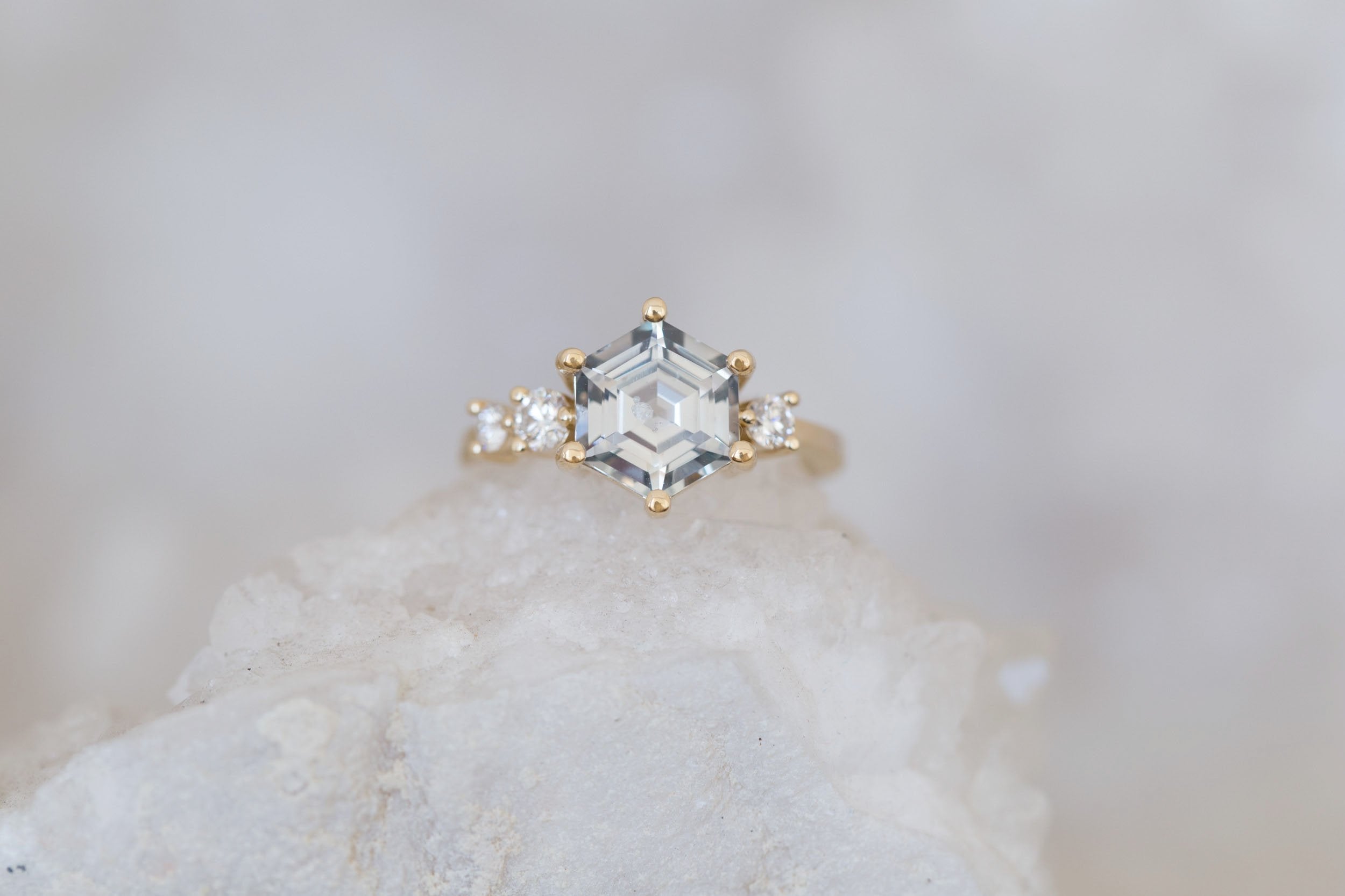 Cassia Ring | Grey Hexagon Sapphire + Diamond Asymmetrical Engagement Ring 2.96 ct | 14k Recycled Gold | One of a Kind
