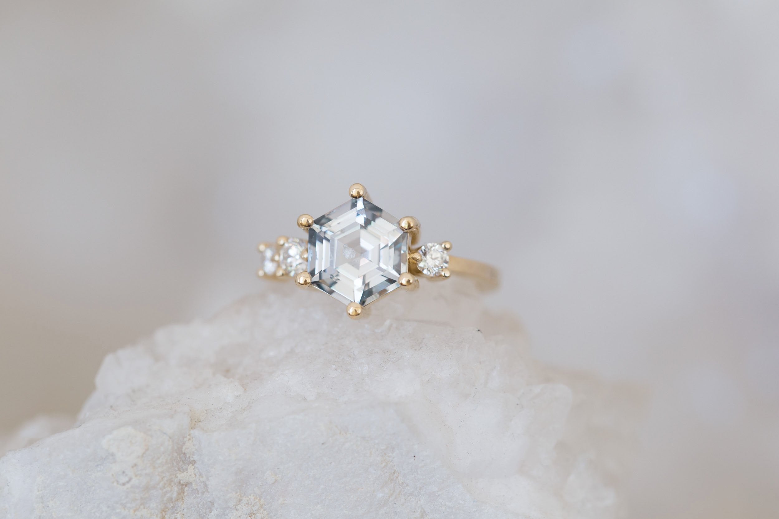 Cassia Ring | Grey Hexagon Sapphire + Diamond Asymmetrical Engagement Ring 2.96 ct | 14k Recycled Gold | One of a Kind