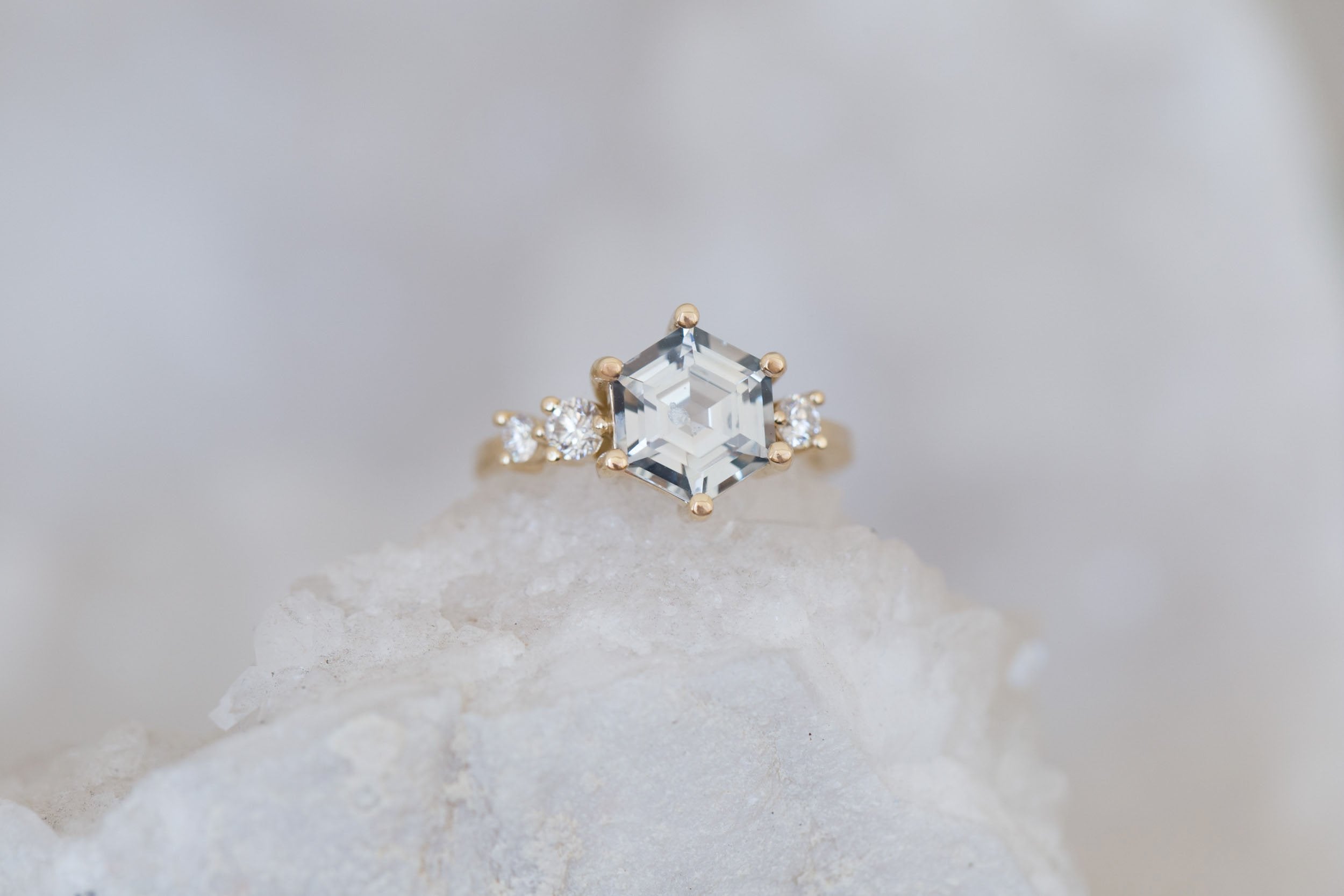 Cassia Ring | Grey Hexagon Sapphire + Diamond Asymmetrical Engagement Ring 2.96 ct | 14k Recycled Gold | One of a Kind