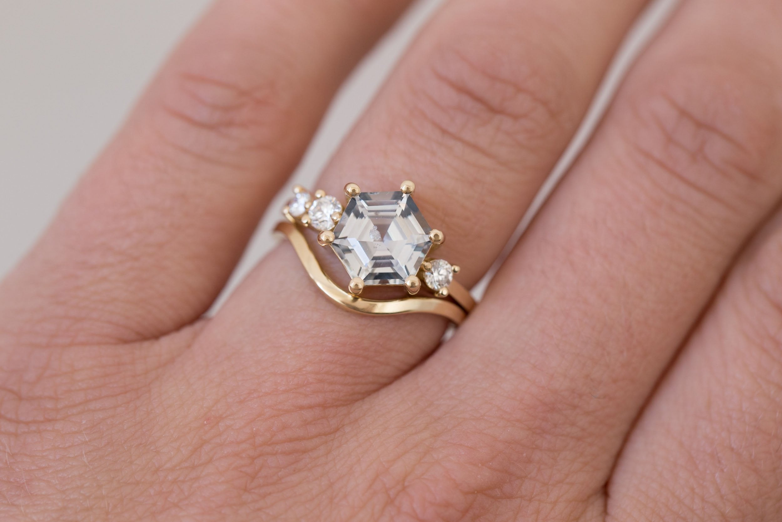 Cassia Ring | Grey Hexagon Sapphire + Diamond Asymmetrical Engagement Ring 2.96 ct | 14k Recycled Gold | One of a Kind