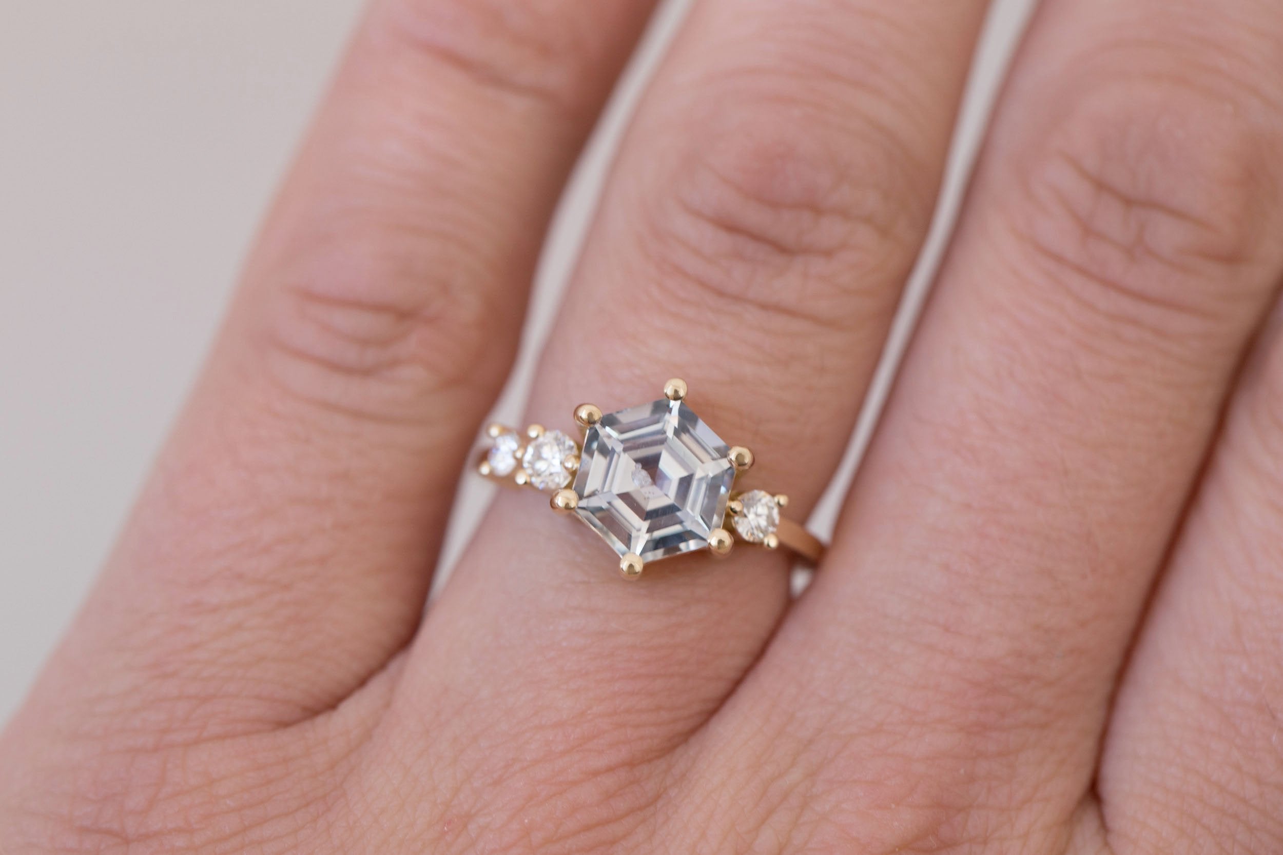 Cassia Ring | Grey Hexagon Sapphire + Diamond Asymmetrical Engagement Ring 2.96 ct | 14k Recycled Gold | One of a Kind