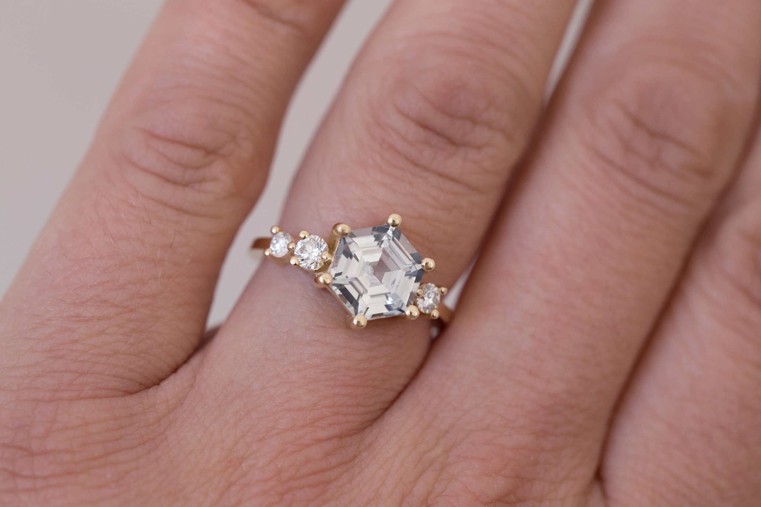 Cassia Ring | Grey Hexagon Sapphire + Diamond Asymmetrical Engagement Ring 2.96 ct | 14k Recycled Gold | One of a Kind