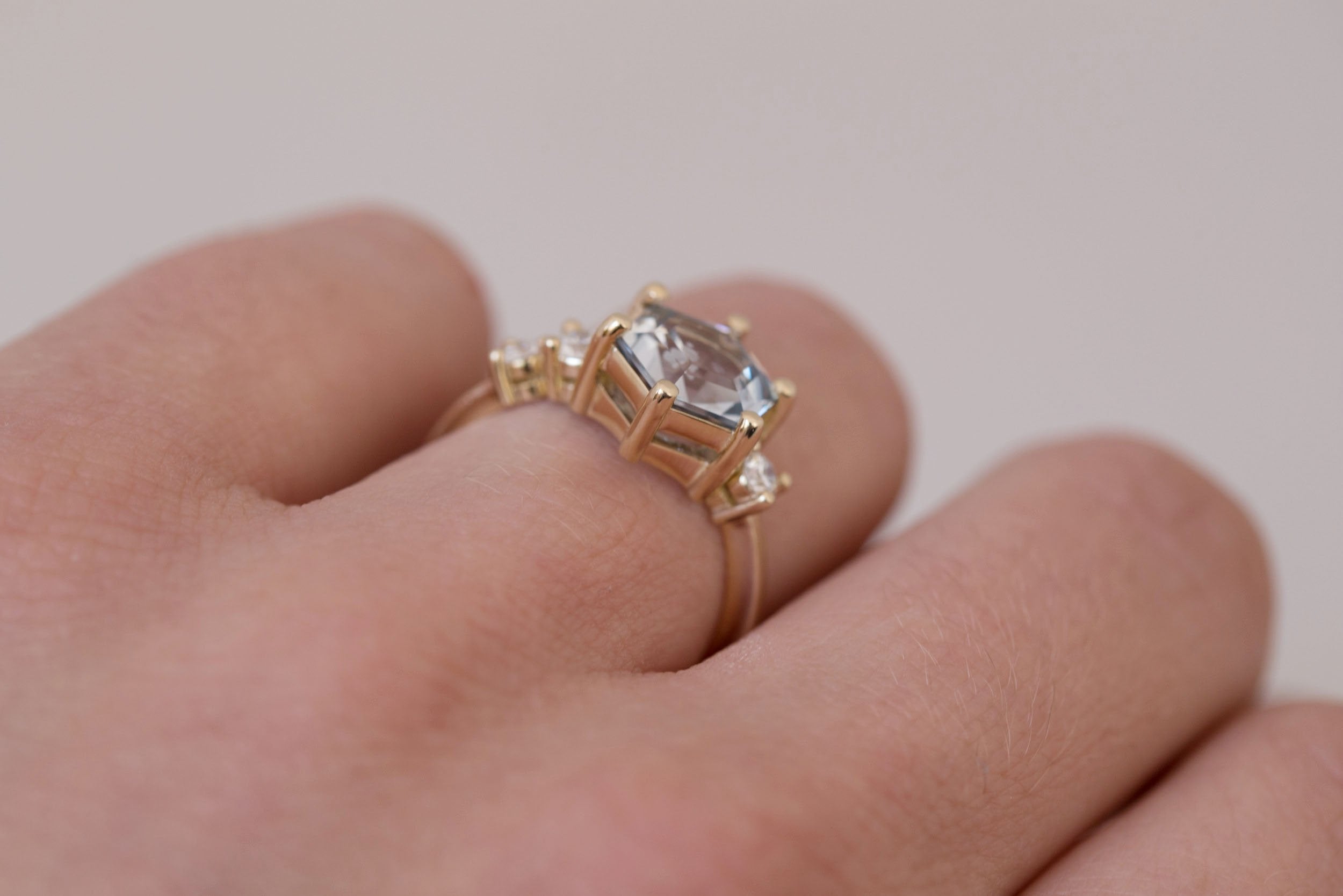 Cassia Ring | Grey Hexagon Sapphire + Diamond Asymmetrical Engagement Ring 2.96 ct | 14k Recycled Gold | One of a Kind