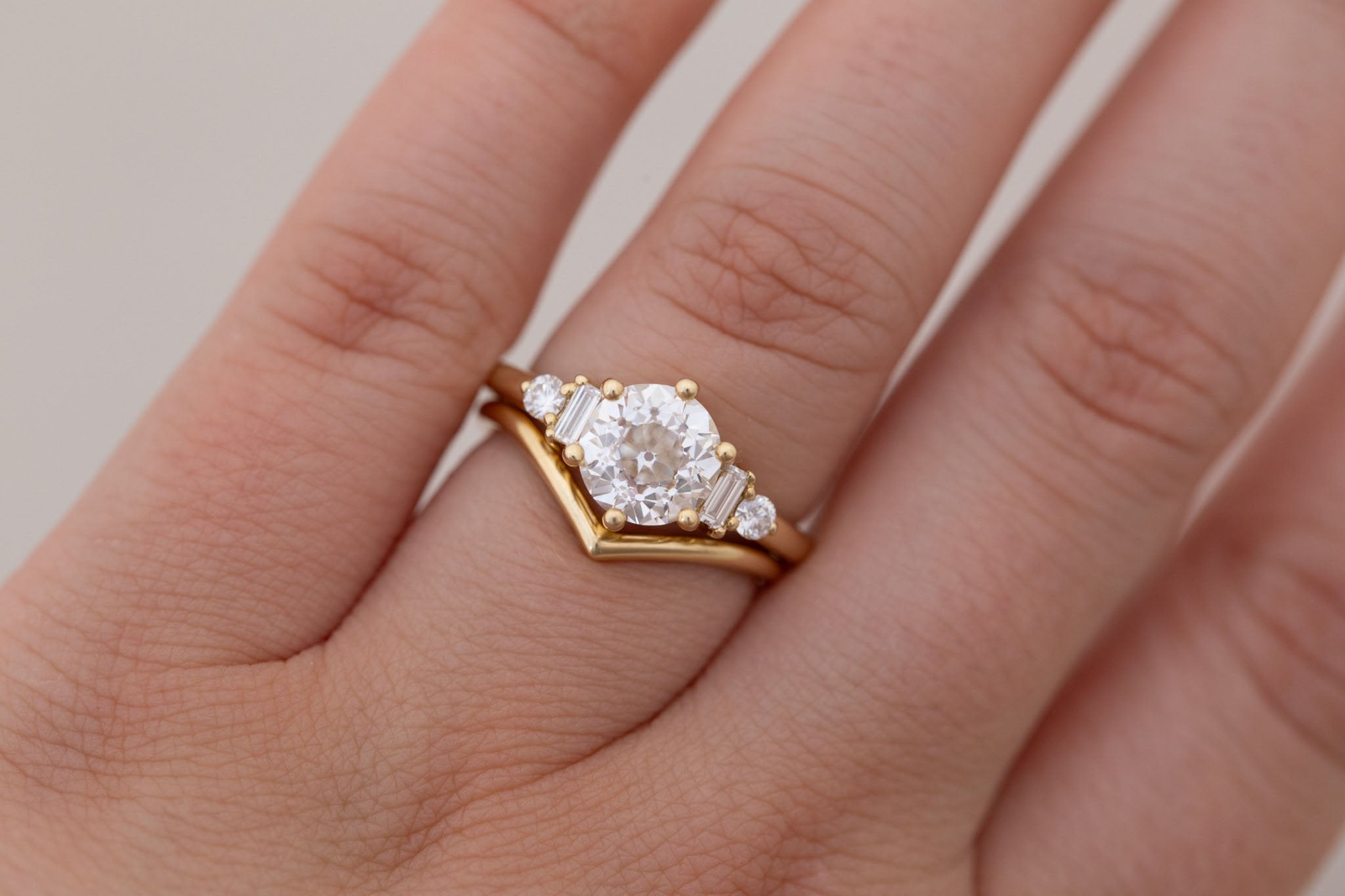 Alsea Ring | Lab Antique Round Cut Diamond + Baguette and Round Lab Diamond Accents Engagement Ring 2.00 ct | 14k Recycled Gold | One of a Kind