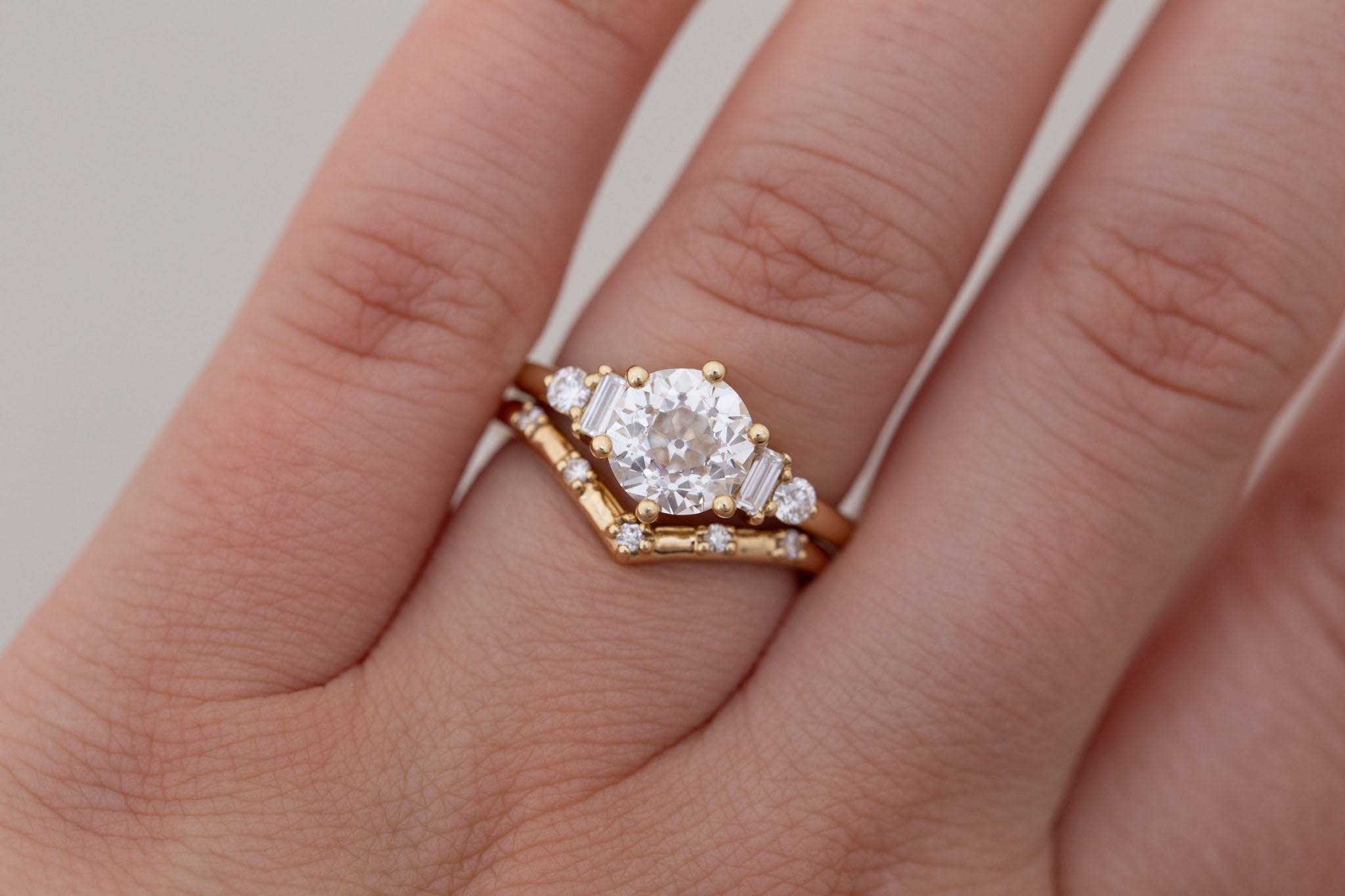 Alsea Ring | Lab Antique Round Cut Diamond + Baguette and Round Lab Diamond Accents Engagement Ring 2.00 ct | 14k Recycled Gold | One of a Kind
