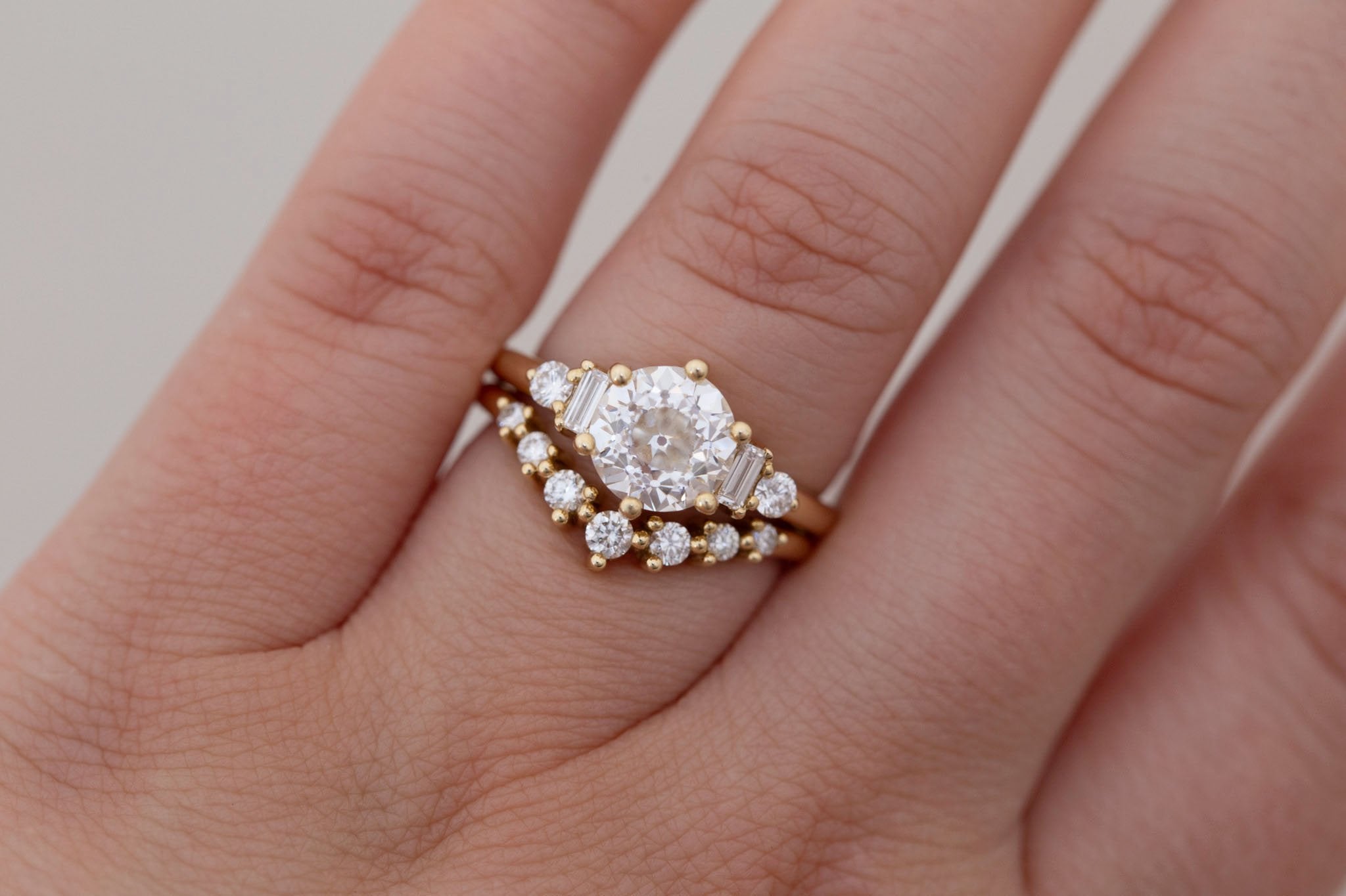 Alsea Ring | Lab Antique Round Cut Diamond + Baguette and Round Lab Diamond Accents Engagement Ring 2.00 ct | 14k Recycled Gold | One of a Kind