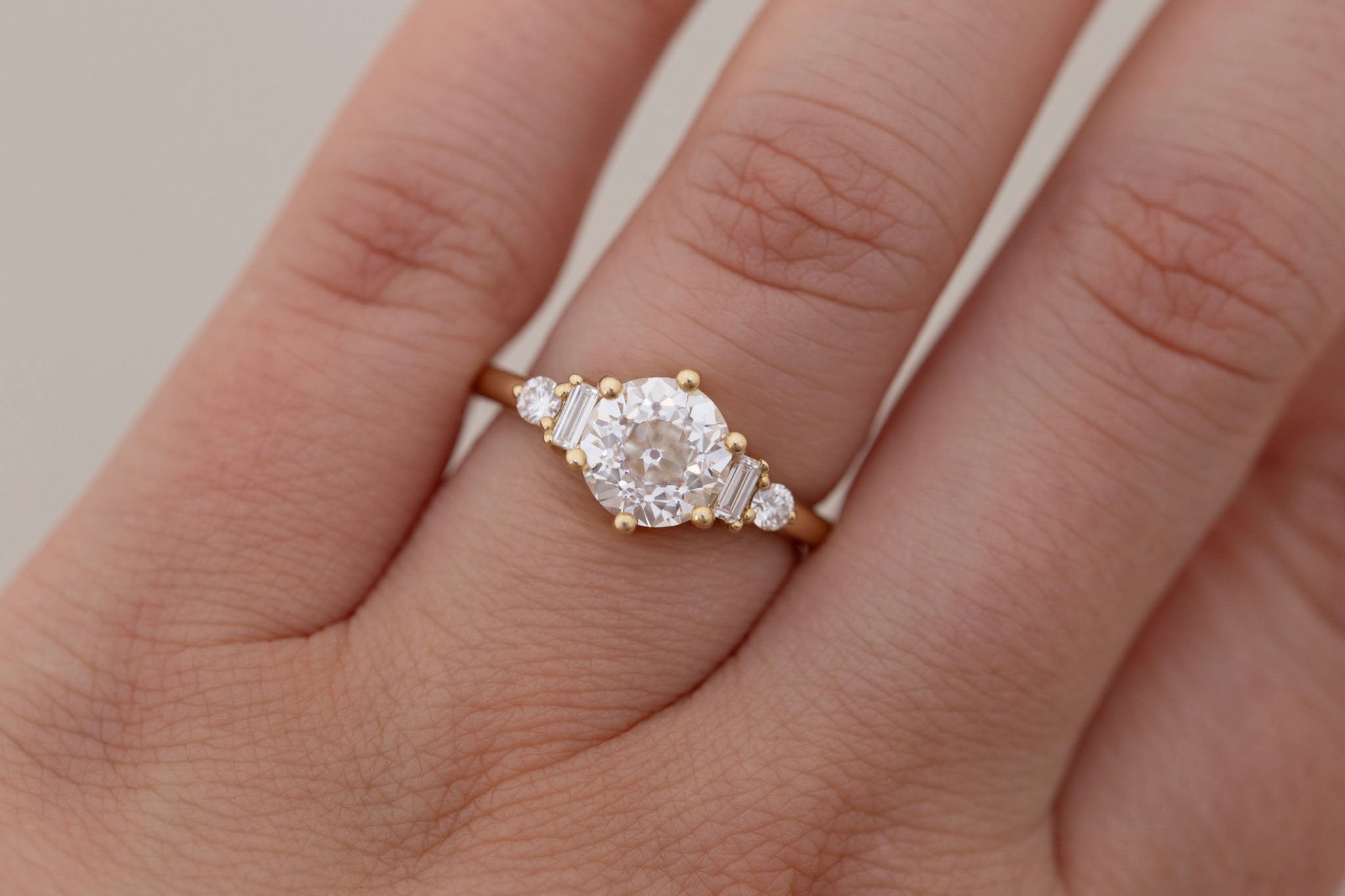 Alsea Ring | Lab Antique Round Cut Diamond + Baguette and Round Lab Diamond Accents Engagement Ring 2.00 ct | 14k Recycled Gold | One of a Kind