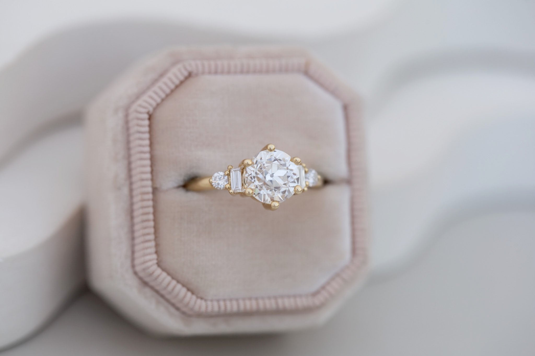 Alsea Ring | Lab Antique Round Cut Diamond + Baguette and Round Lab Diamond Accents Engagement Ring 2.00 ct | 14k Recycled Gold | One of a Kind